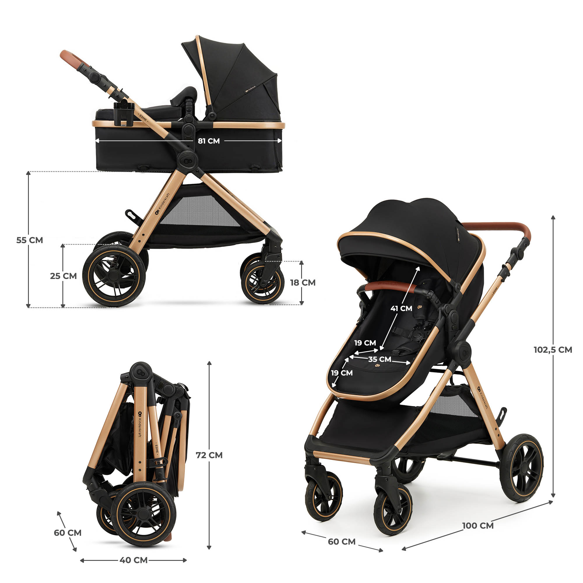 Ein schwarzer Kinderwagen mit goldenen Akzenten wird in drei Ansichten gezeigt.