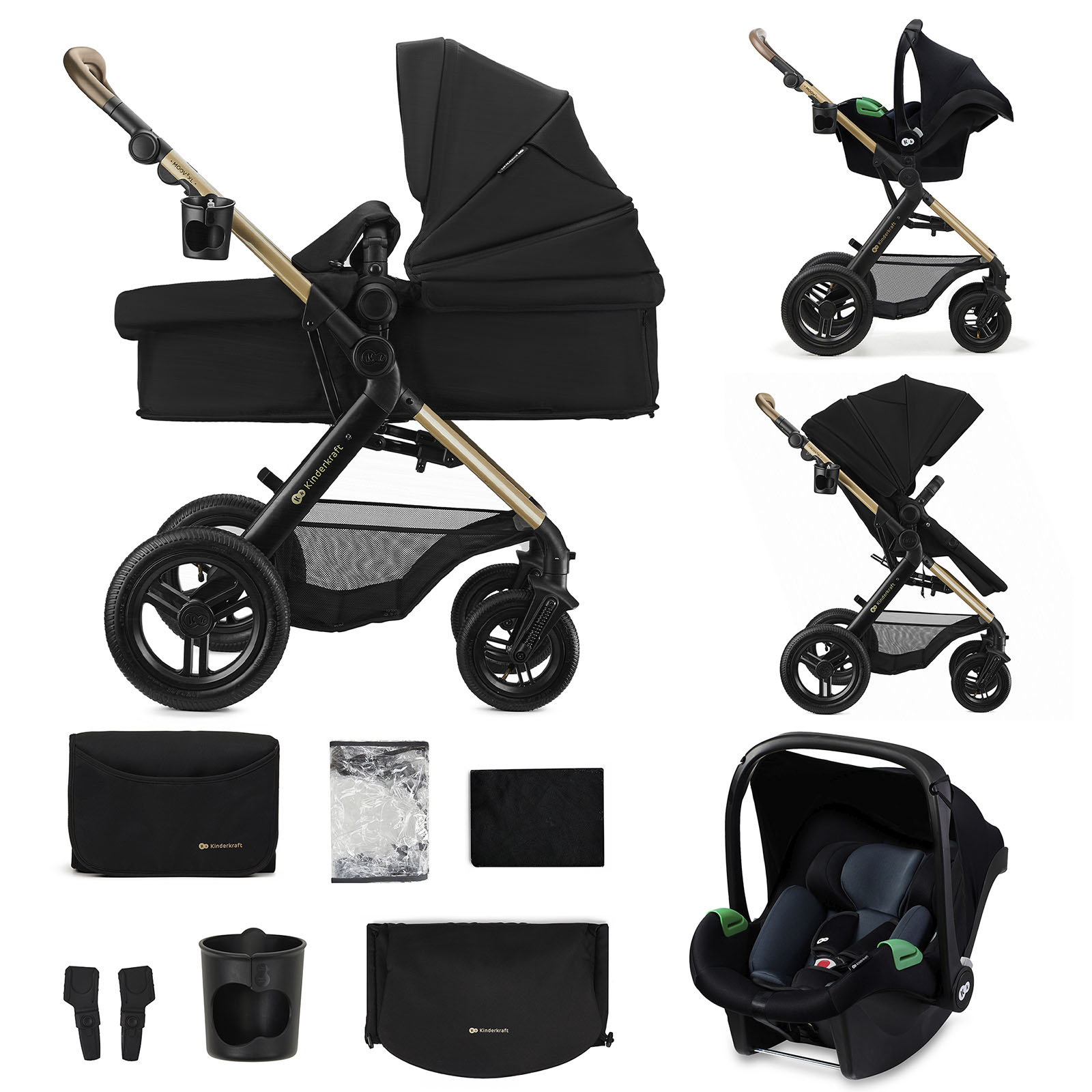 Schwarzer Kinderwagen mit goldener Verkleidung, Babywanne und Autositz.