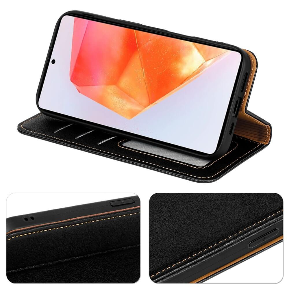 Custodia a libro nera per telefono con display aperto e primi piani delle cuciture.