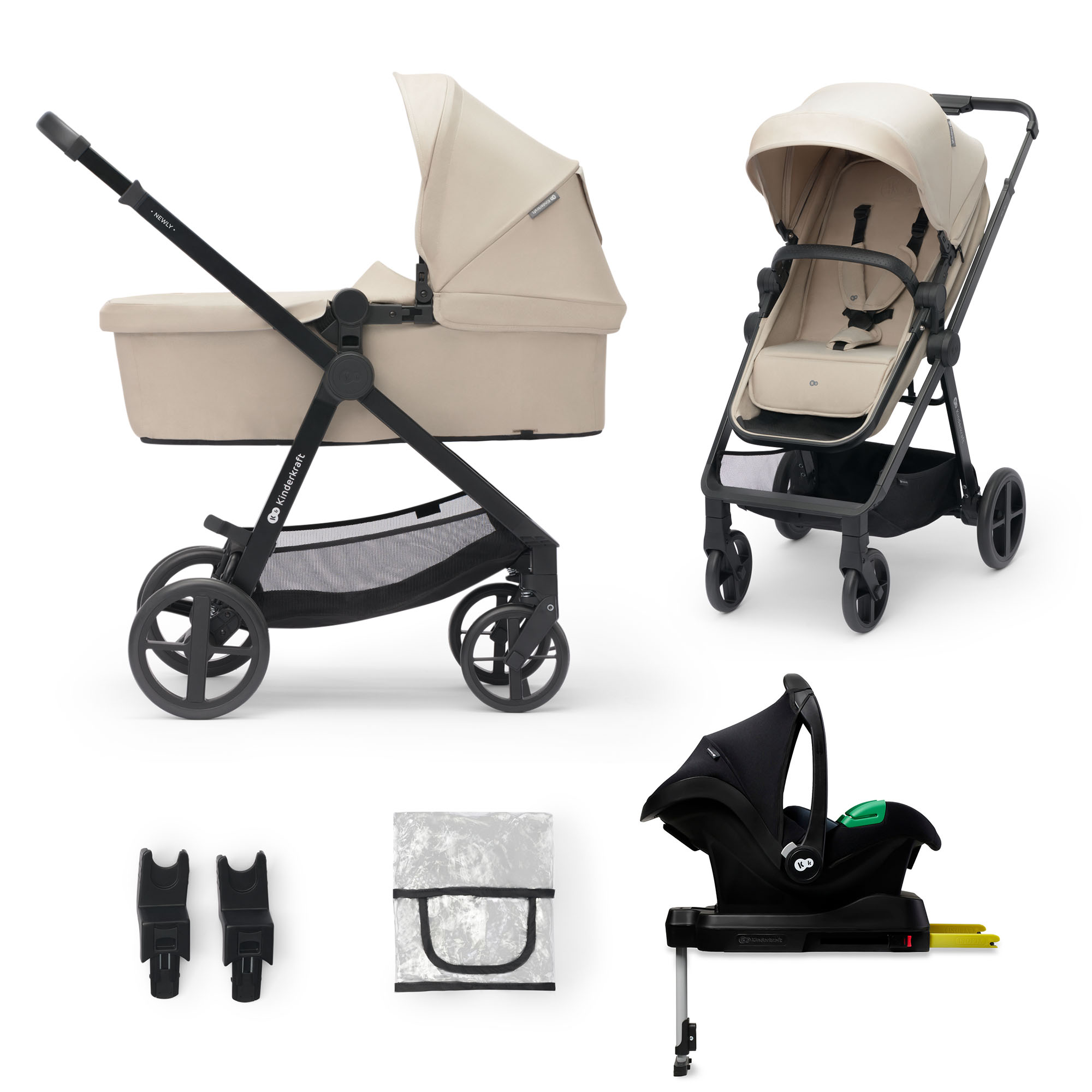 Kinderwagenaufsatz, Sportsitz, Babyschale, Adapter und Regenschutz.