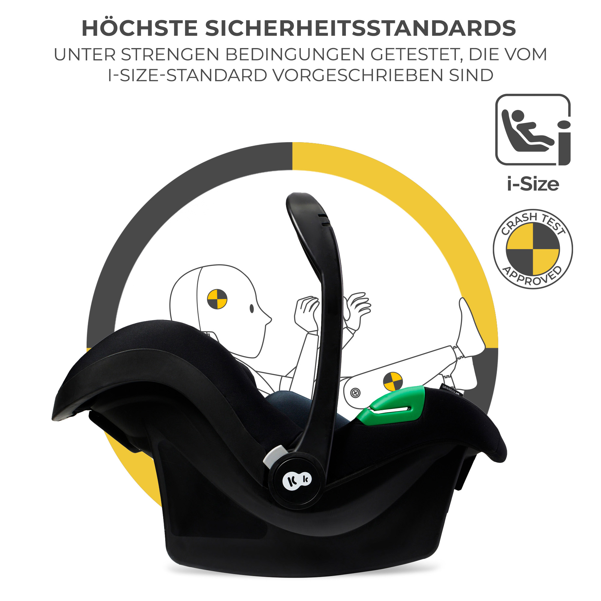 Schwarze Babyschale mit i-Size und Crash-Test-Siegel. Schematische Darstellung eines Dummys.