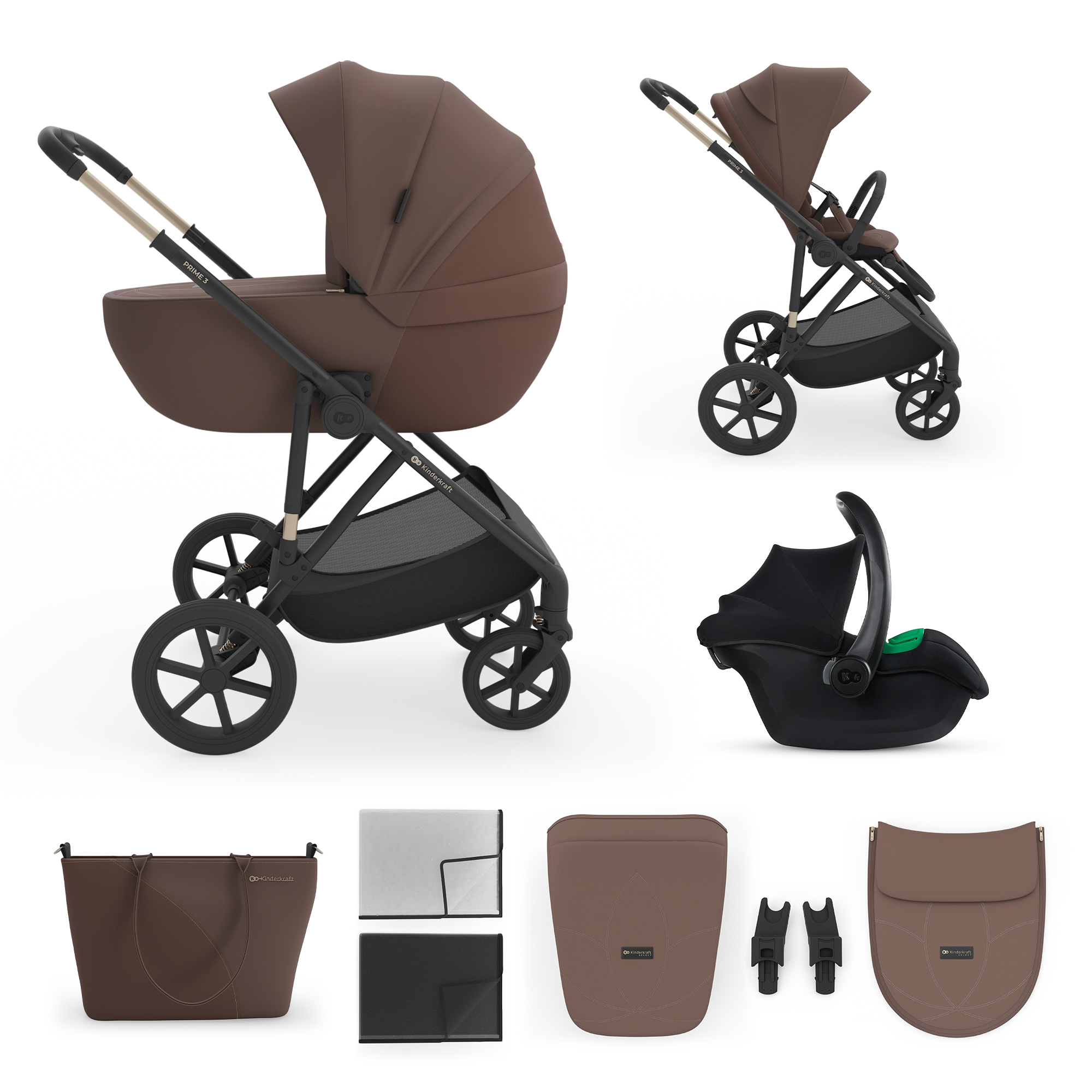 Brauner Kinderwagen mit Zubehör: Autositz, Tasche, Decken, Adapter.