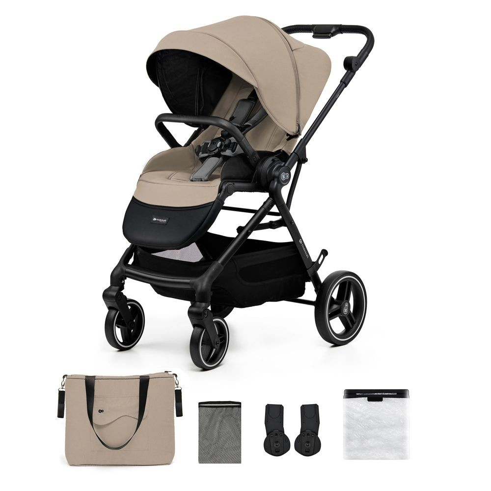 Ein beiger Kinderwagen mit schwarzem Gestell und Zubehör darunter.