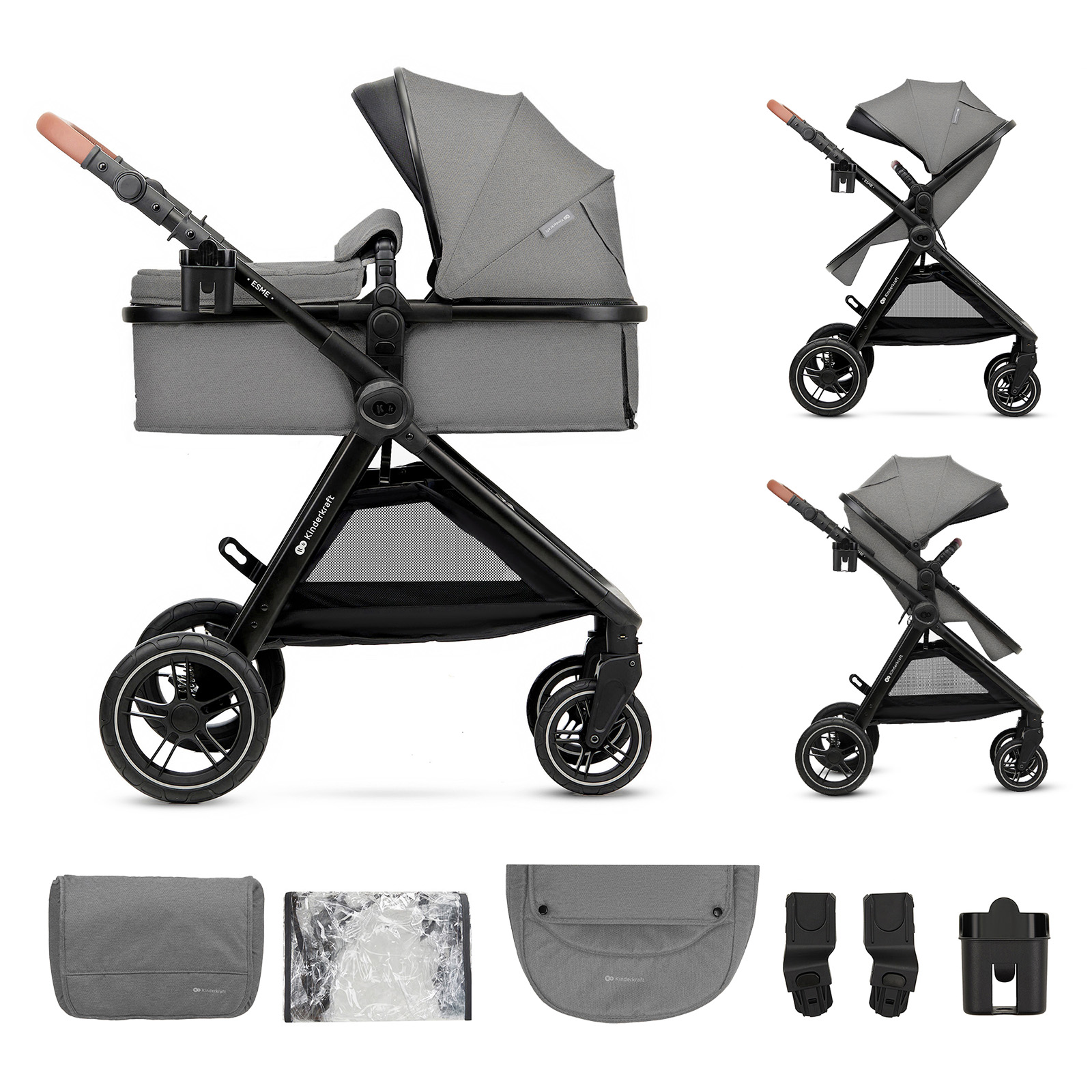 Grauer Kinderwagen mit Zubehör: Fußsack, Regenhaube, Adapter, Tasse.