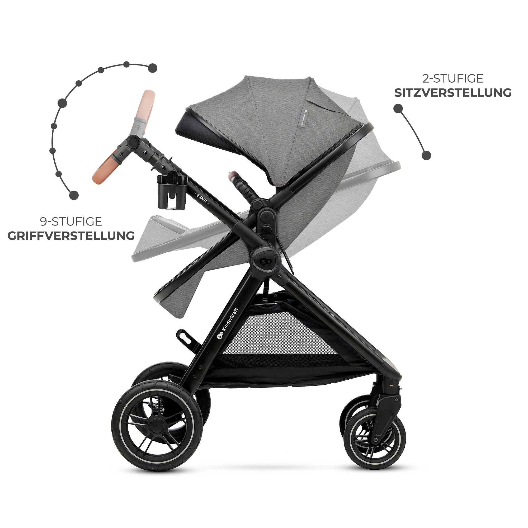 Grauer Kinderwagen mit verstellbarem Griff und Sitz, auf weißem Hintergrund.