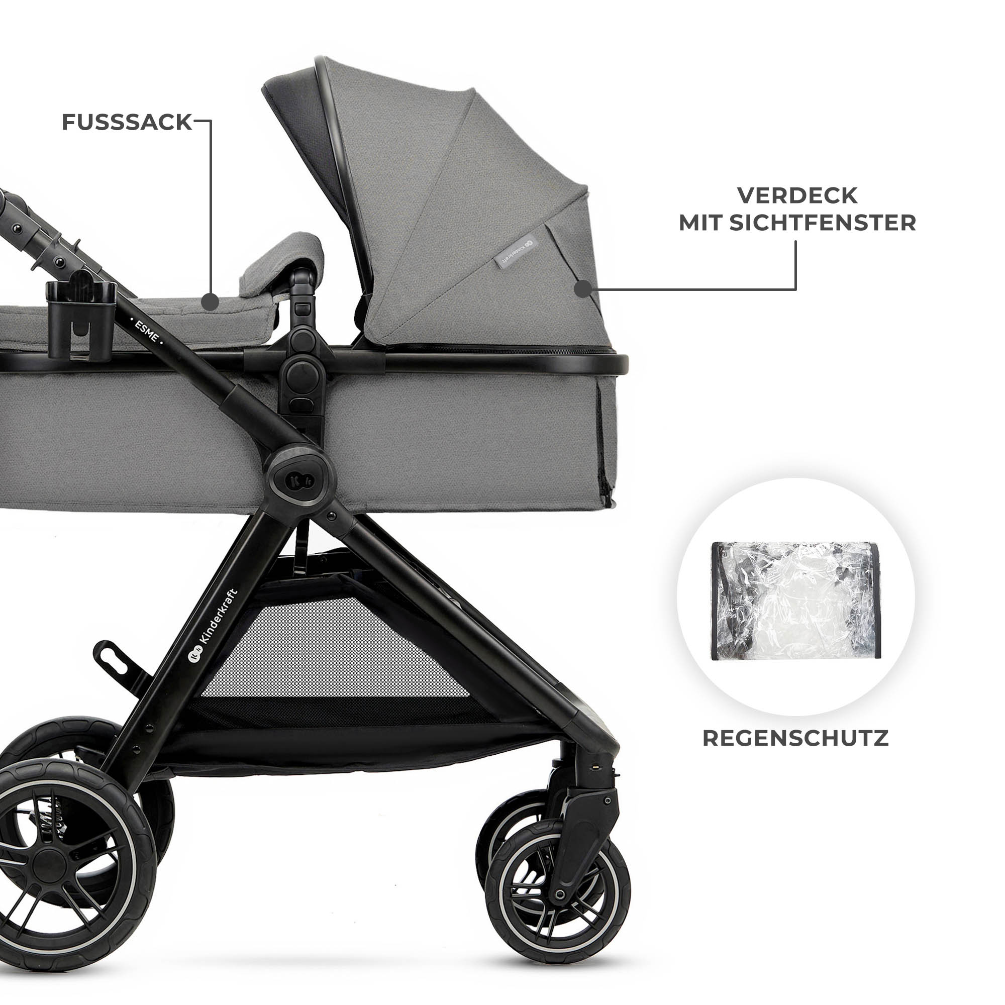 Grauer Kinderwagen mit Aufdrucken: Fußsack, Verdeck mit Sichtfenster, Regenschutz.