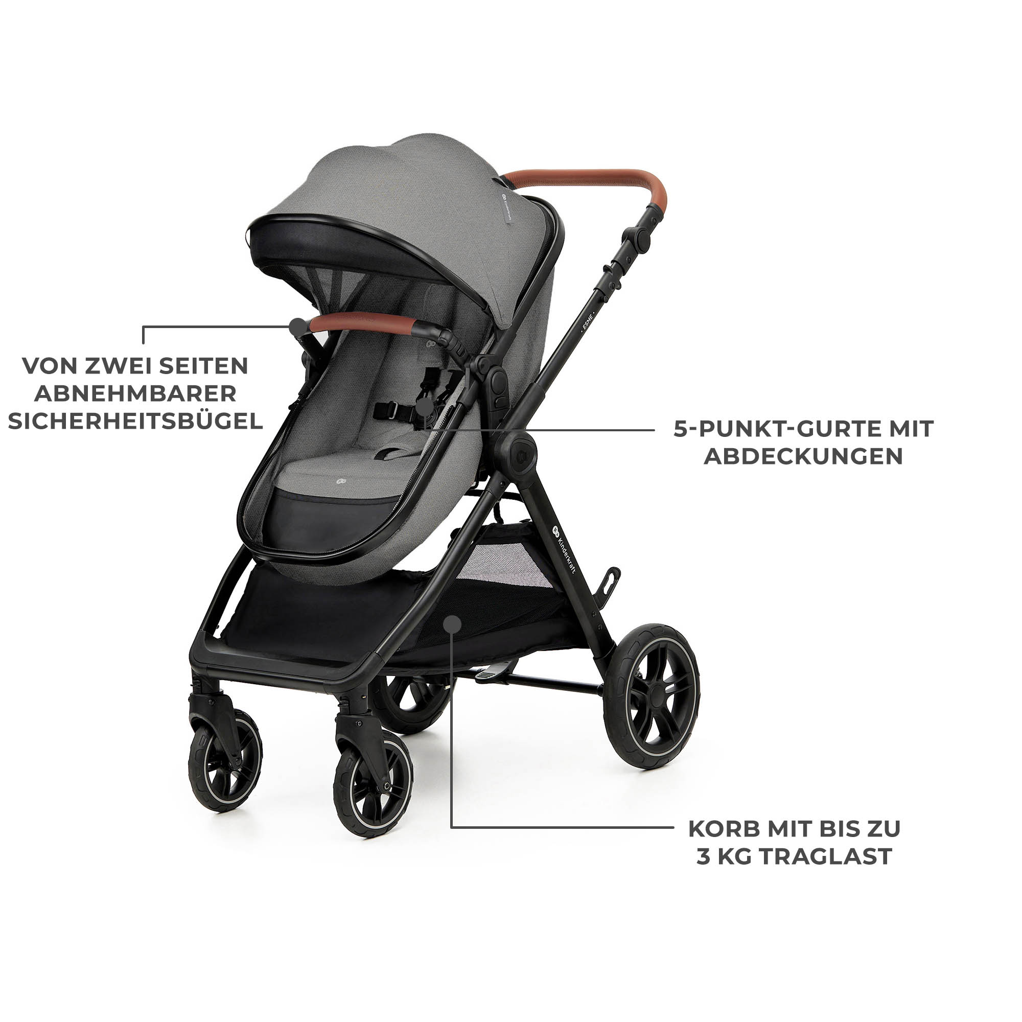 Grauer Kinderwagen mit braunen Griffen und schwarzem Korb. Mit Ansicht auf Räder.
