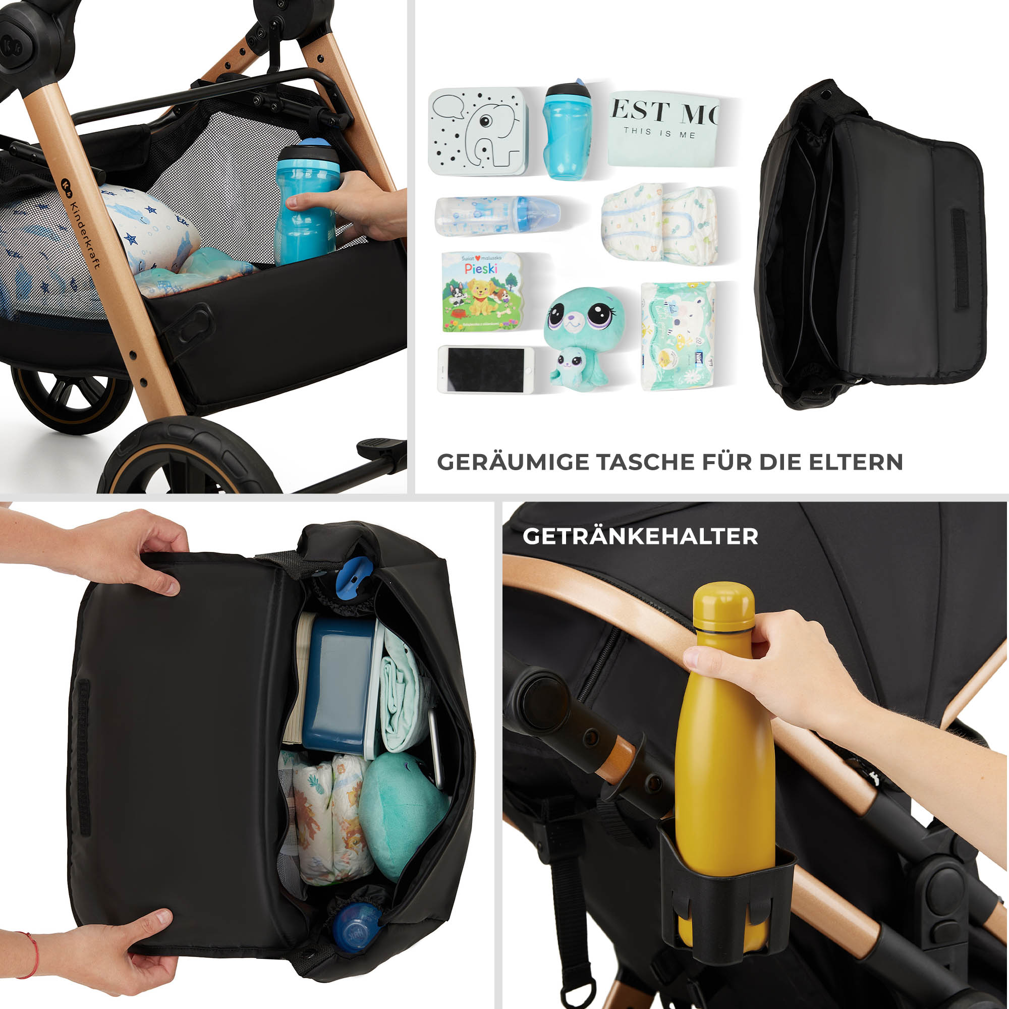 Ein Kinderwagen mit Zubehör: Tasche, Flasche, Windeln und Spielzeug.