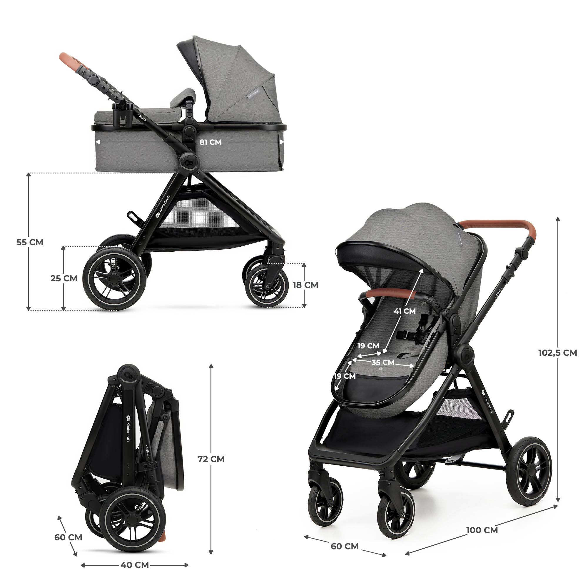 Grauer Kinderwagen mit Maßen und zusammengeklappter Ansicht.