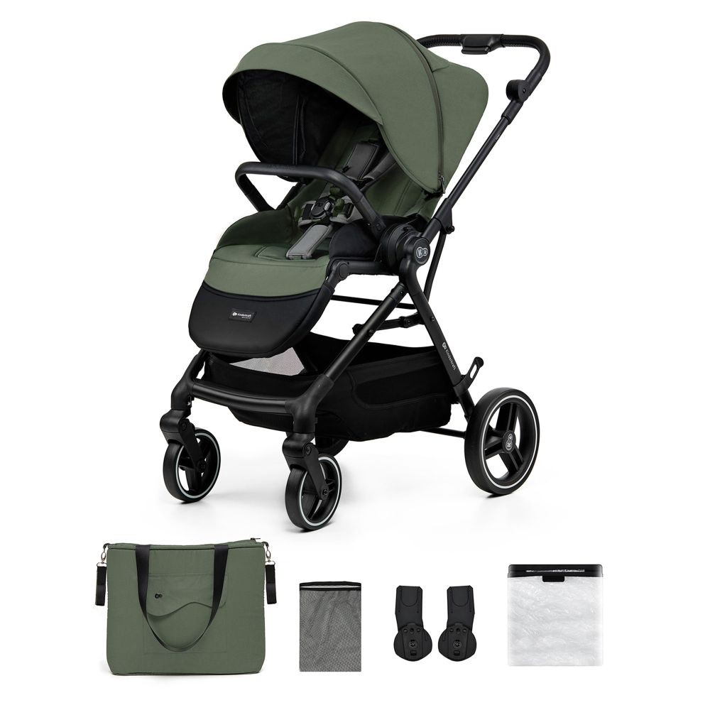 Ein dunkelgrüner Kinderwagen mit schwarzem Gestell und Zubehör.