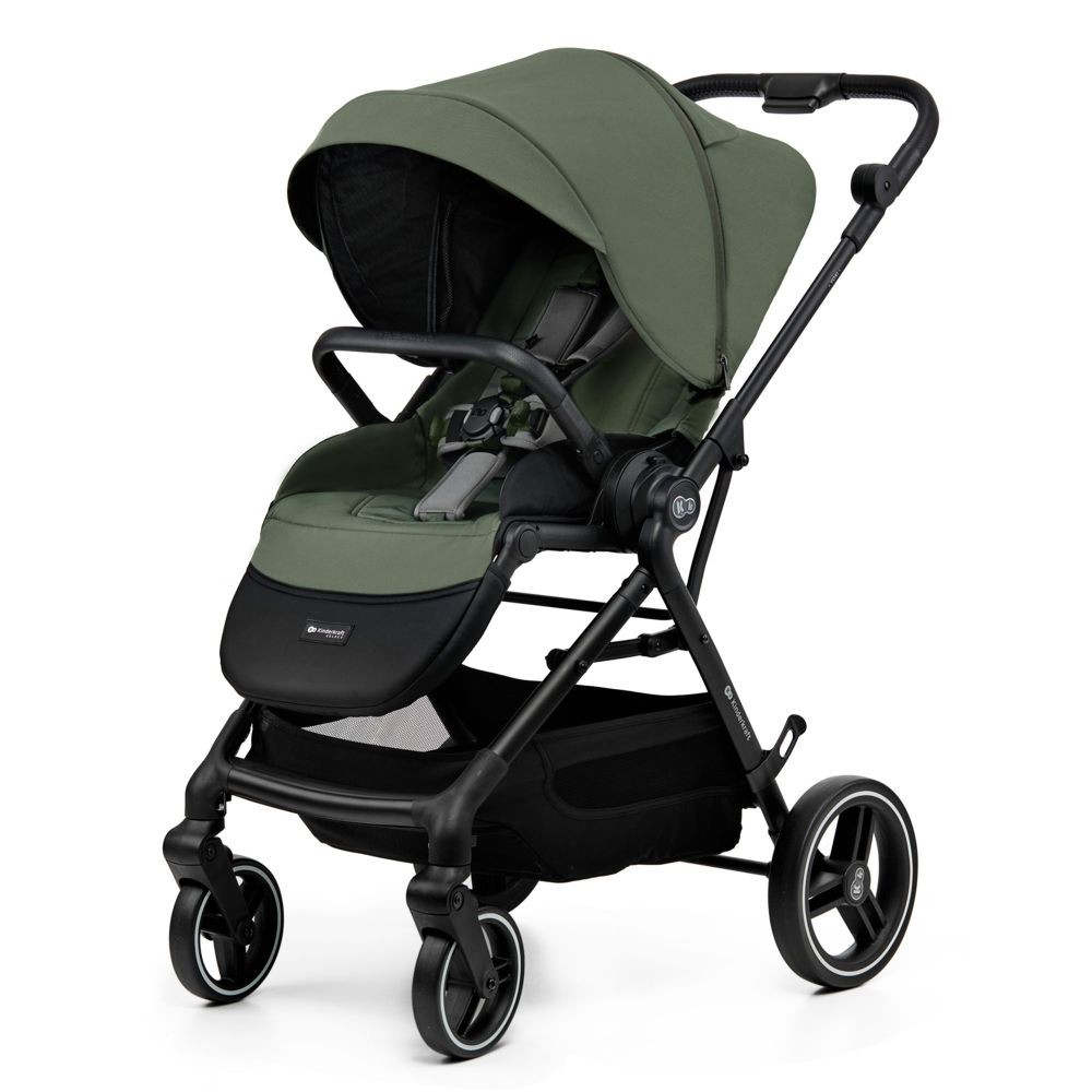 Ein dunkelgrüner Kinderwagen mit schwarzem Rahmen, Sitz und Rädern.
