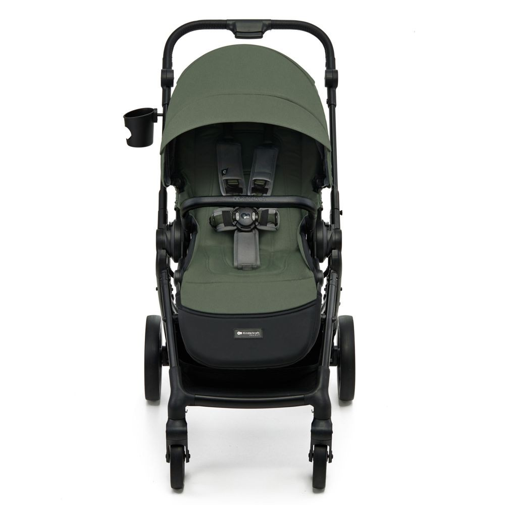 Ein dunkelgrüner Kinderwagen mit schwarzem Rahmen und Sicherheitsgurten.