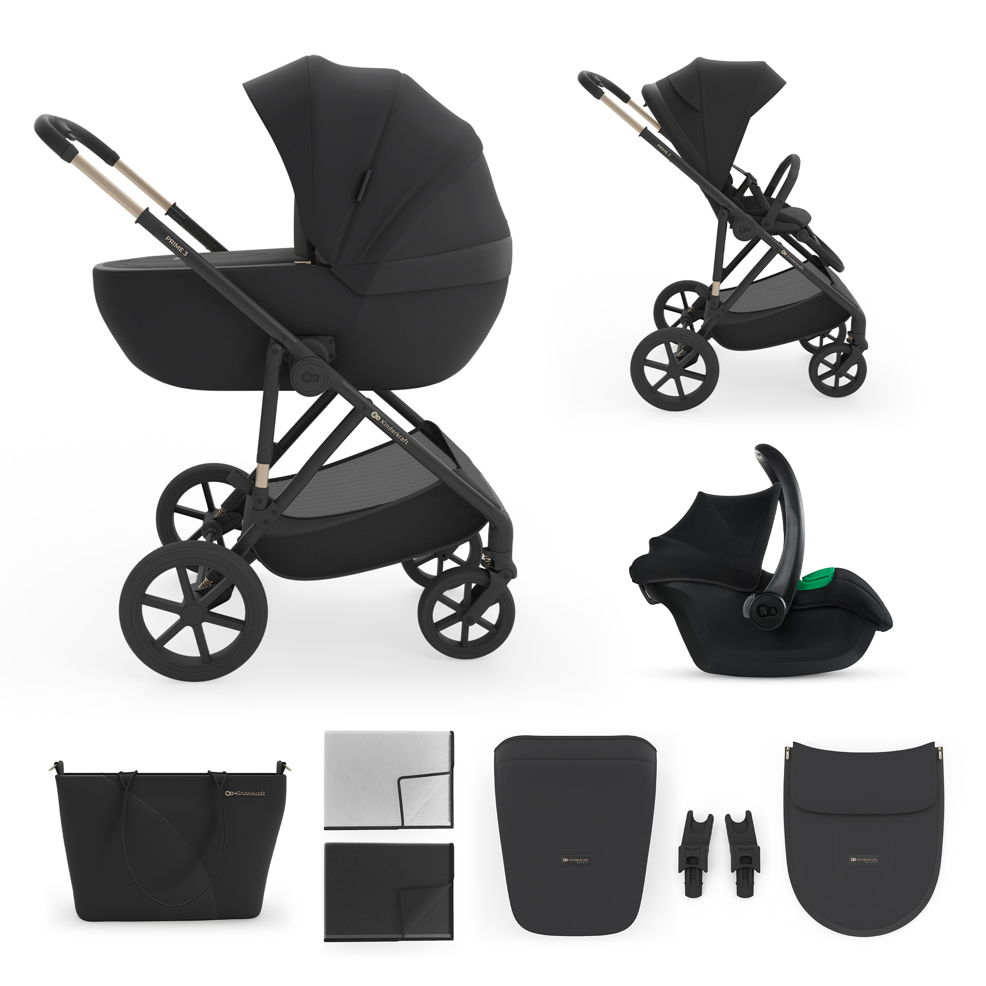 Ein schwarzer Kinderwagen mit Babywanne, Autositz und Zubehör auf weißem Hintergrund.