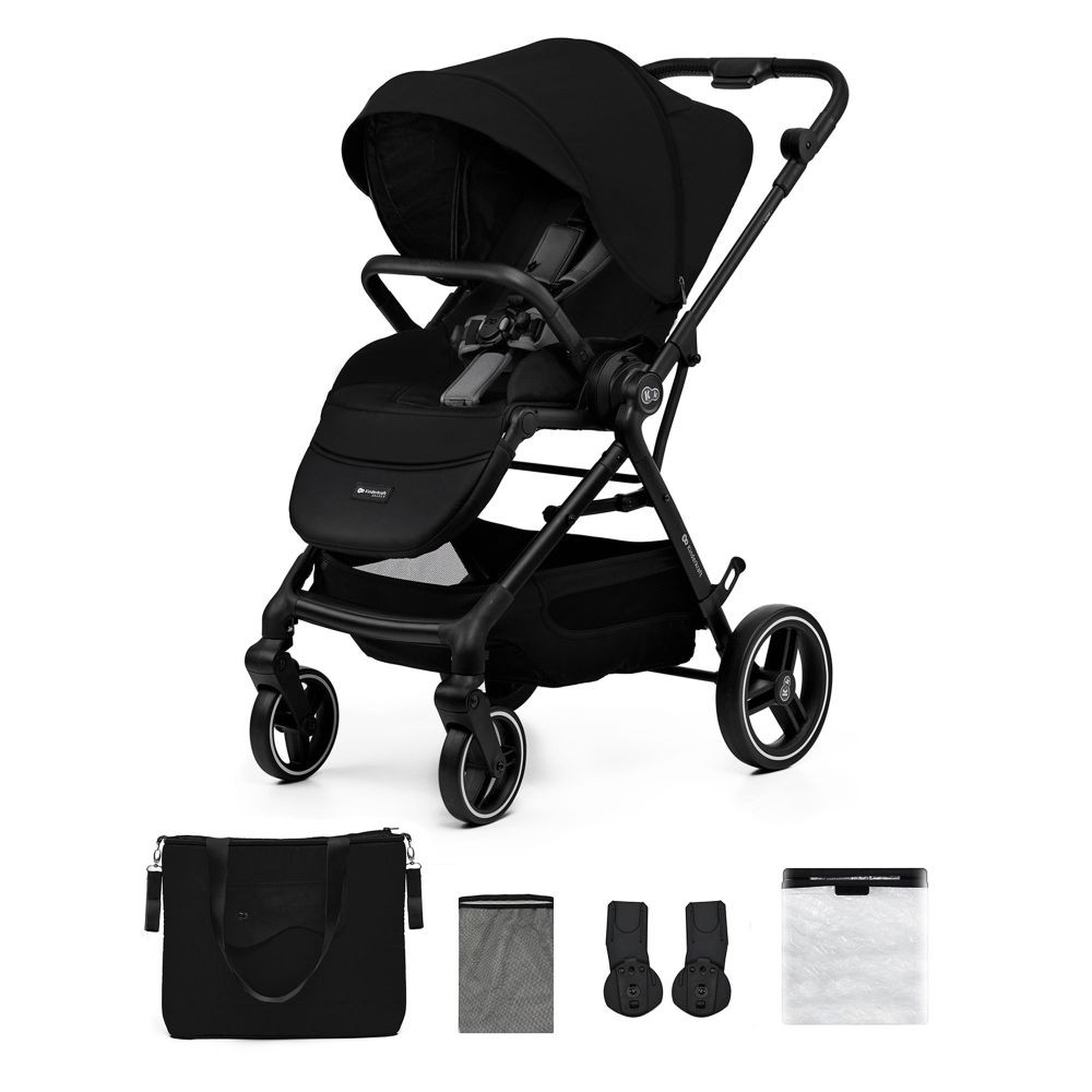 Schwarzer Kinderwagen mit Zubehör: Tasche, Netz, Adapter und Behälter.