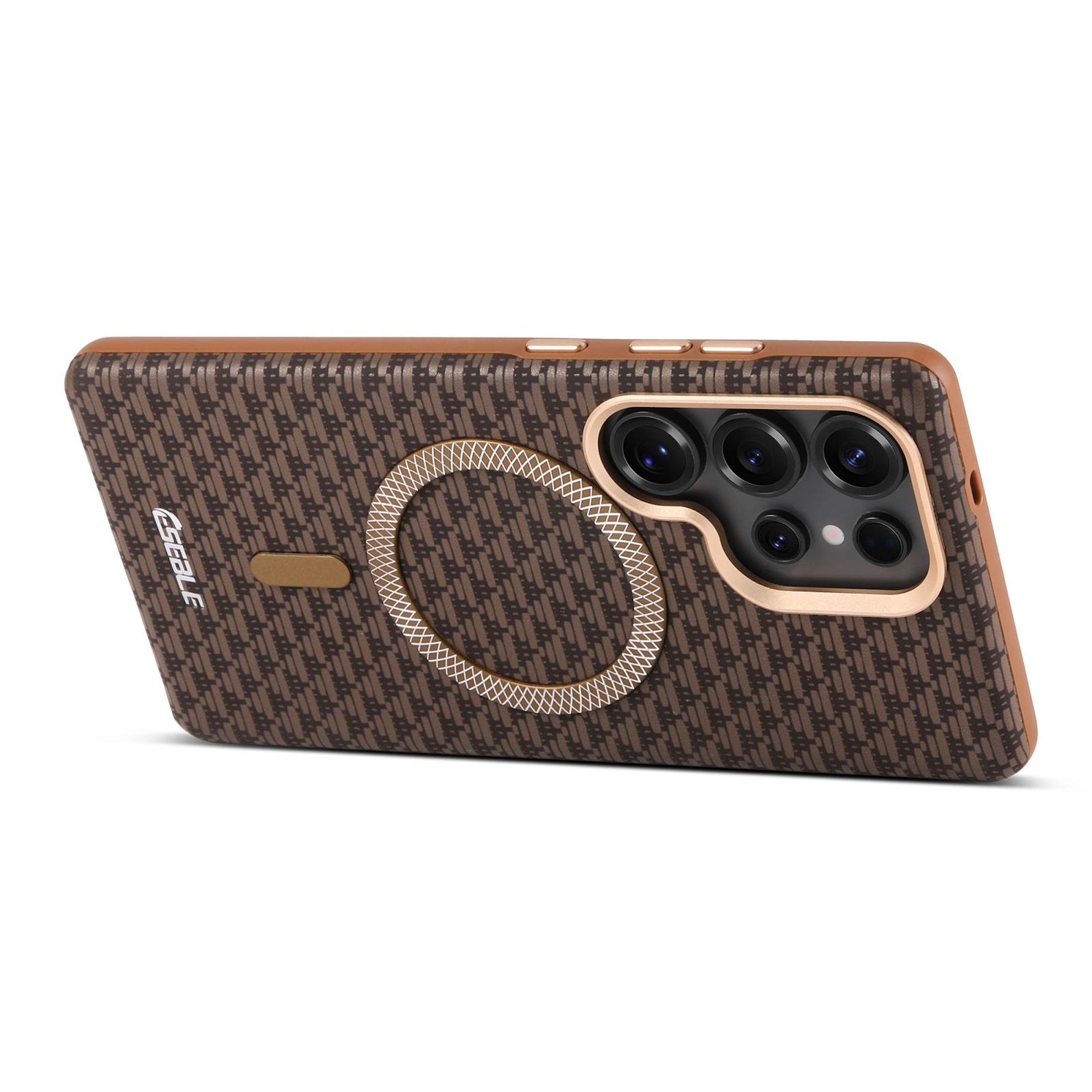 Funda de teléfono marrón estampada con corte de cámara.