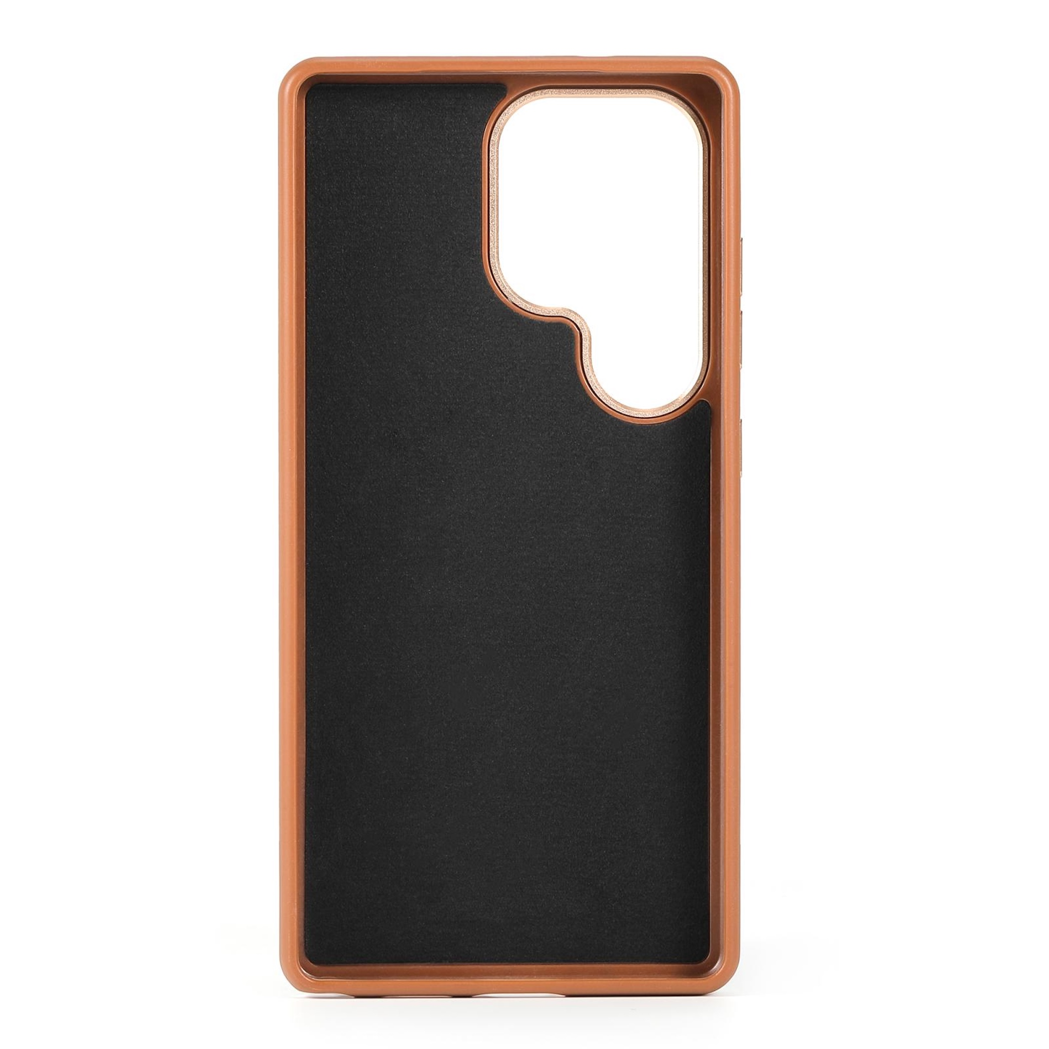 Funda de móvil marrón con inserción negra y recorte de cámara.