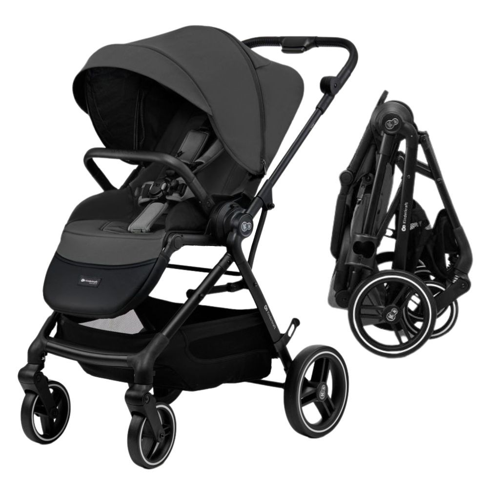 Ein schwarzer Kinderwagen wird aufrecht gezeigt, daneben ein zusammengeklappter Kinderwagen.