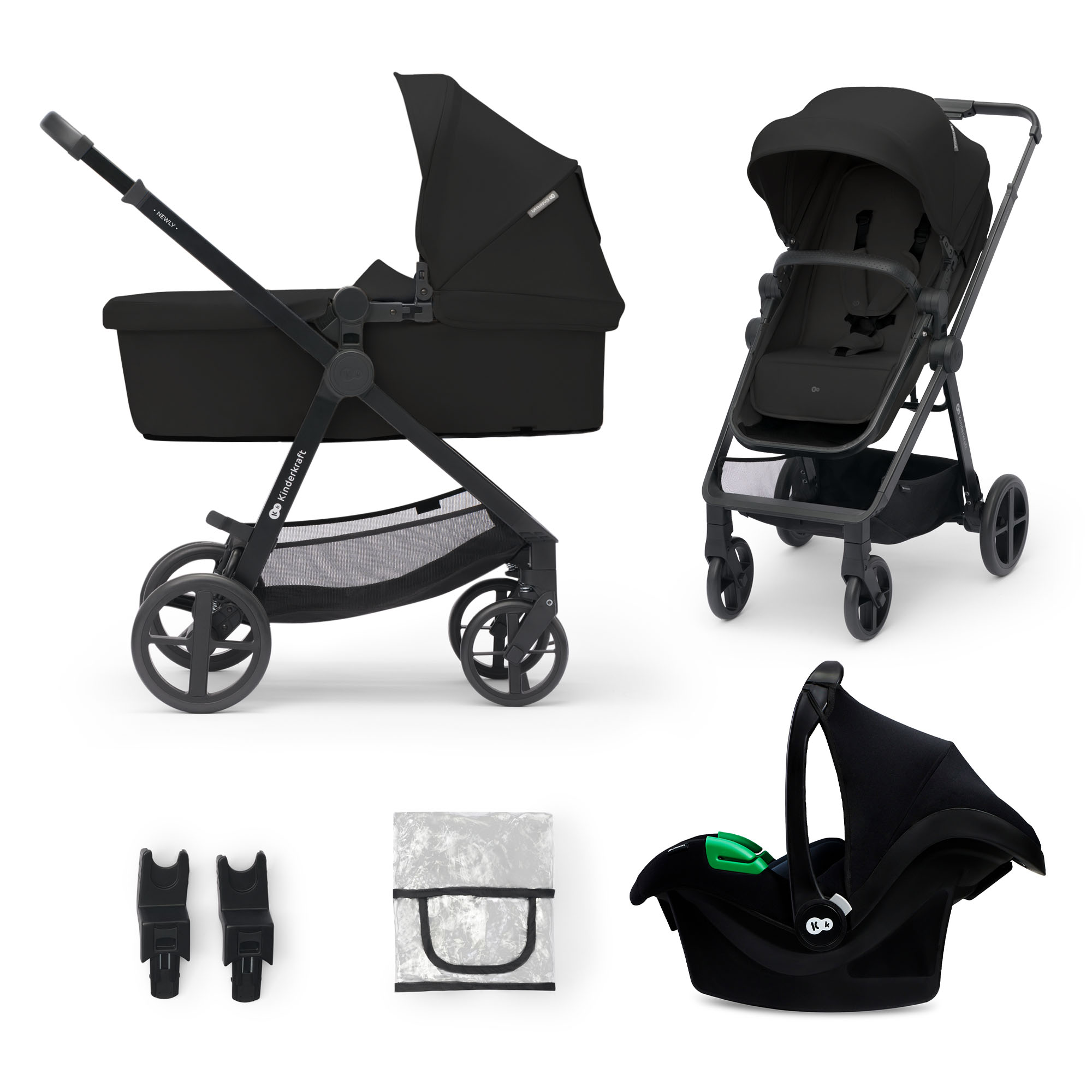 Schwarzer Kinderwagenaufsatz, Sitz und Autositz mit Zubehör.