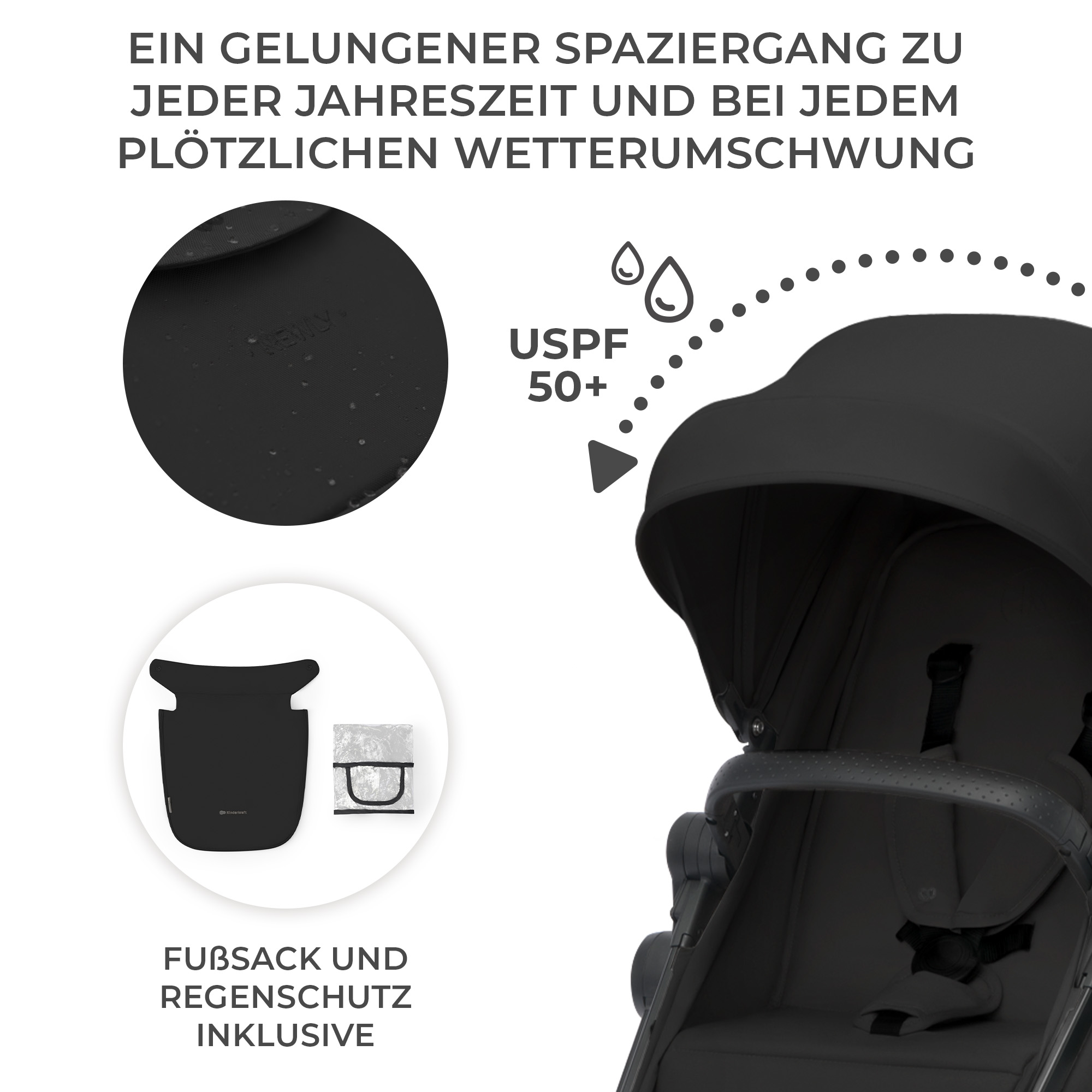 Schwarzer Kinderwagen mit Fußsack und Regenschutz. UVP 50+.