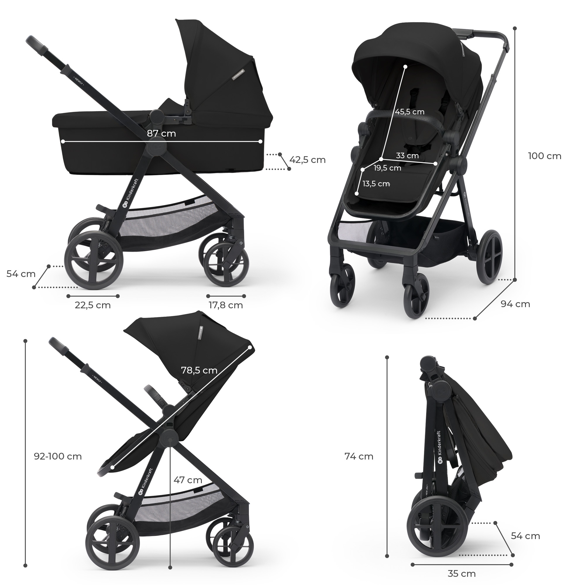 Vier Ansichten eines schwarzen Kinderwagens mit Maßen.