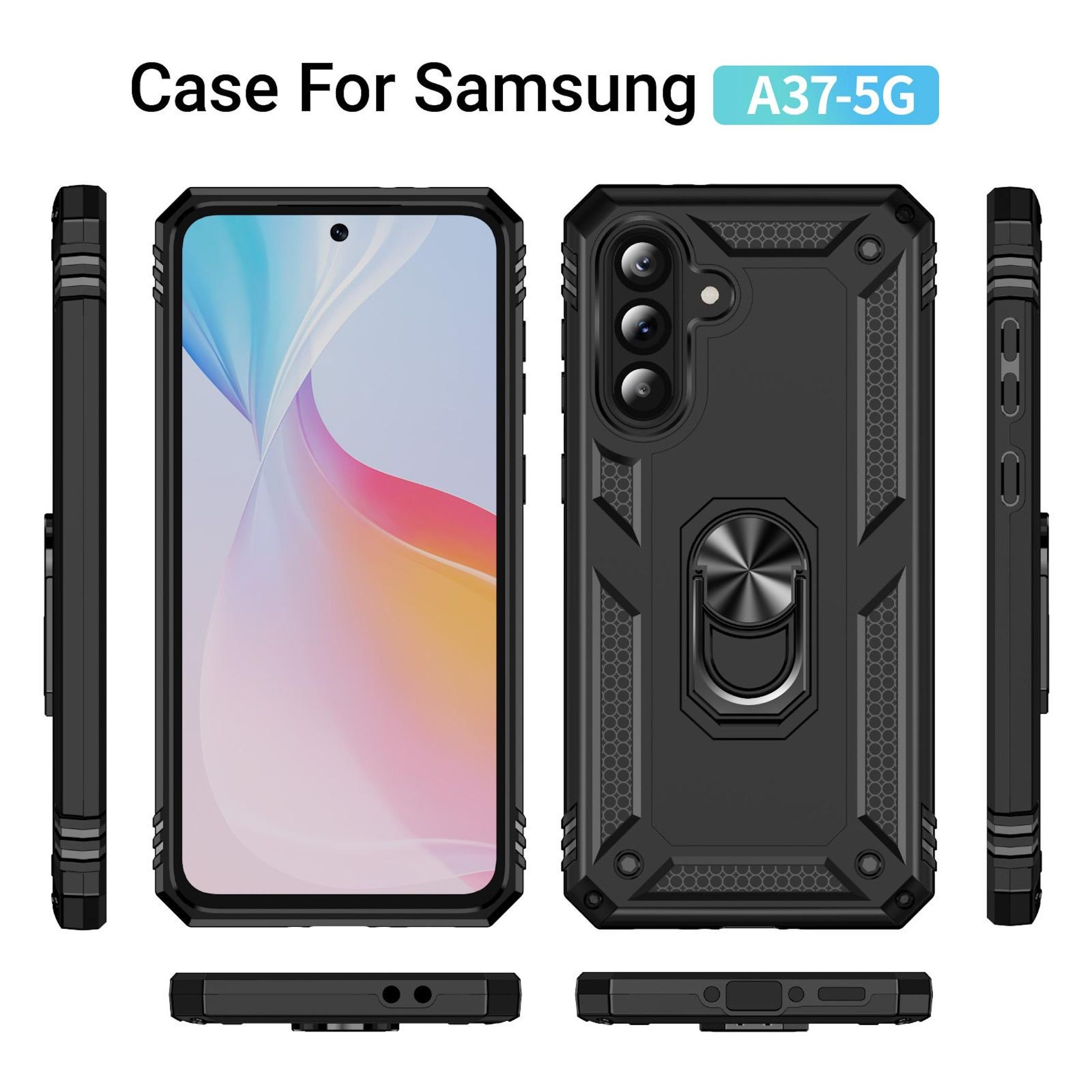 Schwarze Handyhülle mit Ringhalterung für Samsung A37-5G, verschiedene Ansichten.