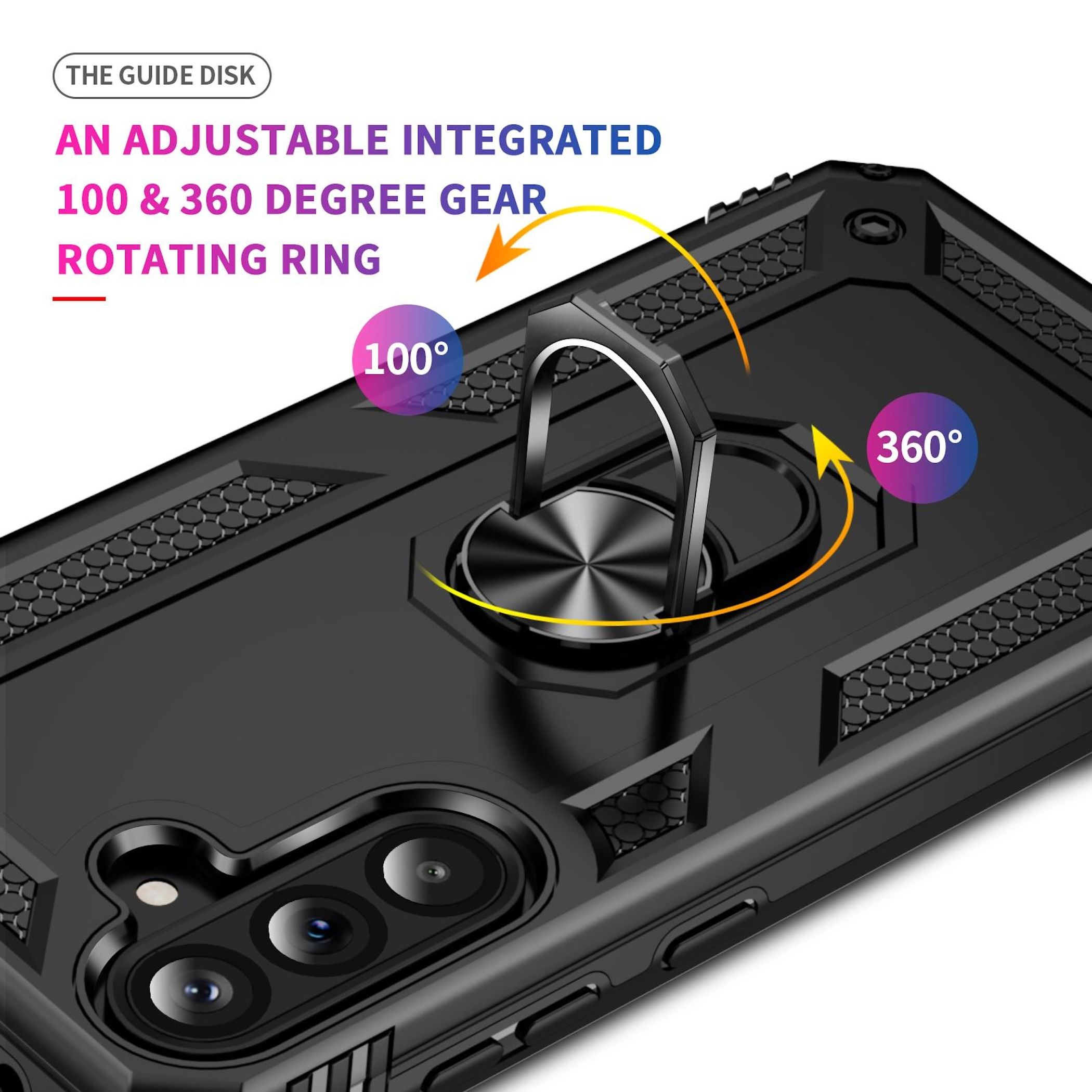 Schwarze Handyhülle mit verstellbarem Ring für 100° & 360° Drehung.