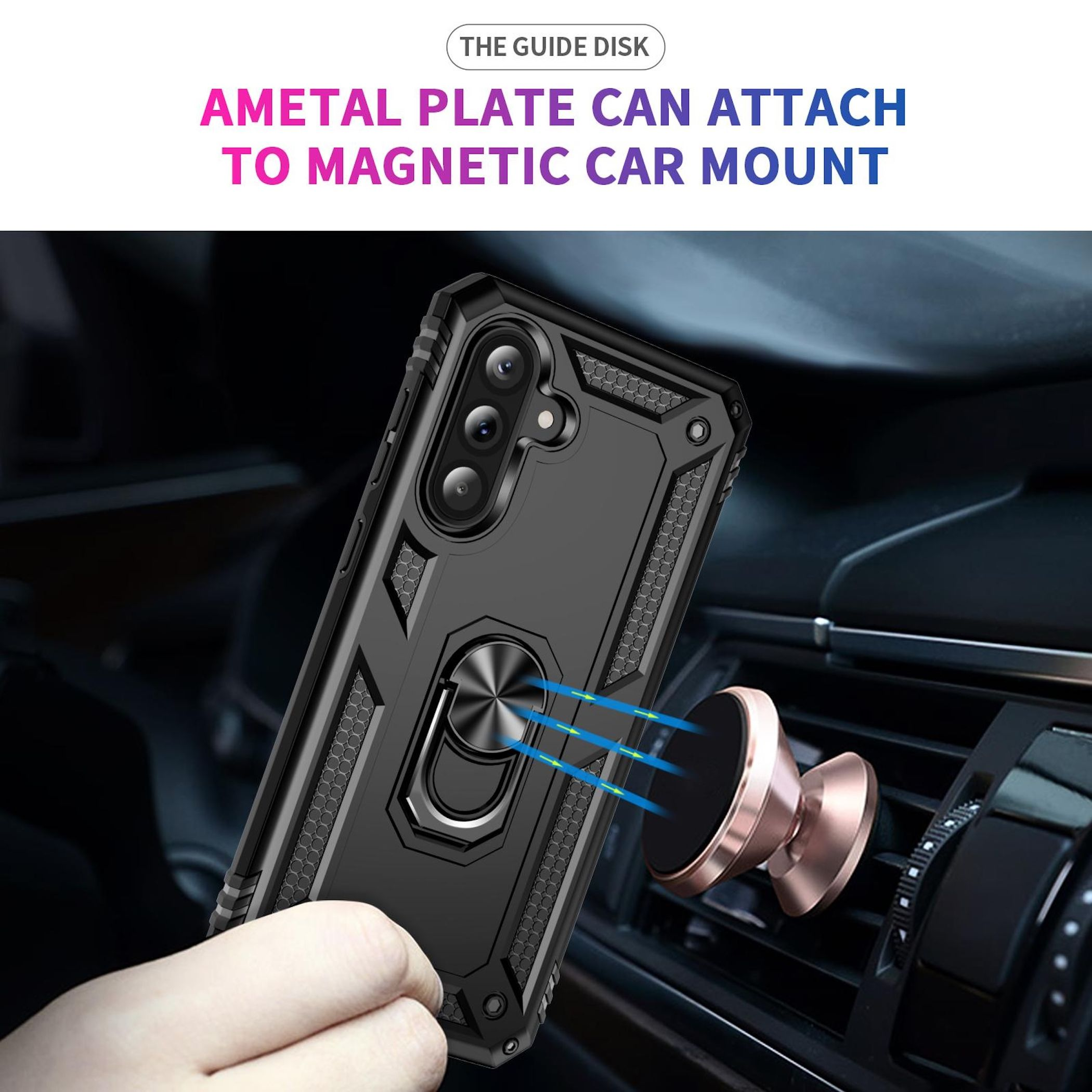 Schwarze Hülle mit Ringhalterung wird an eine magnetische Autohalterung an einem Lüftungsschlitz befestigt.