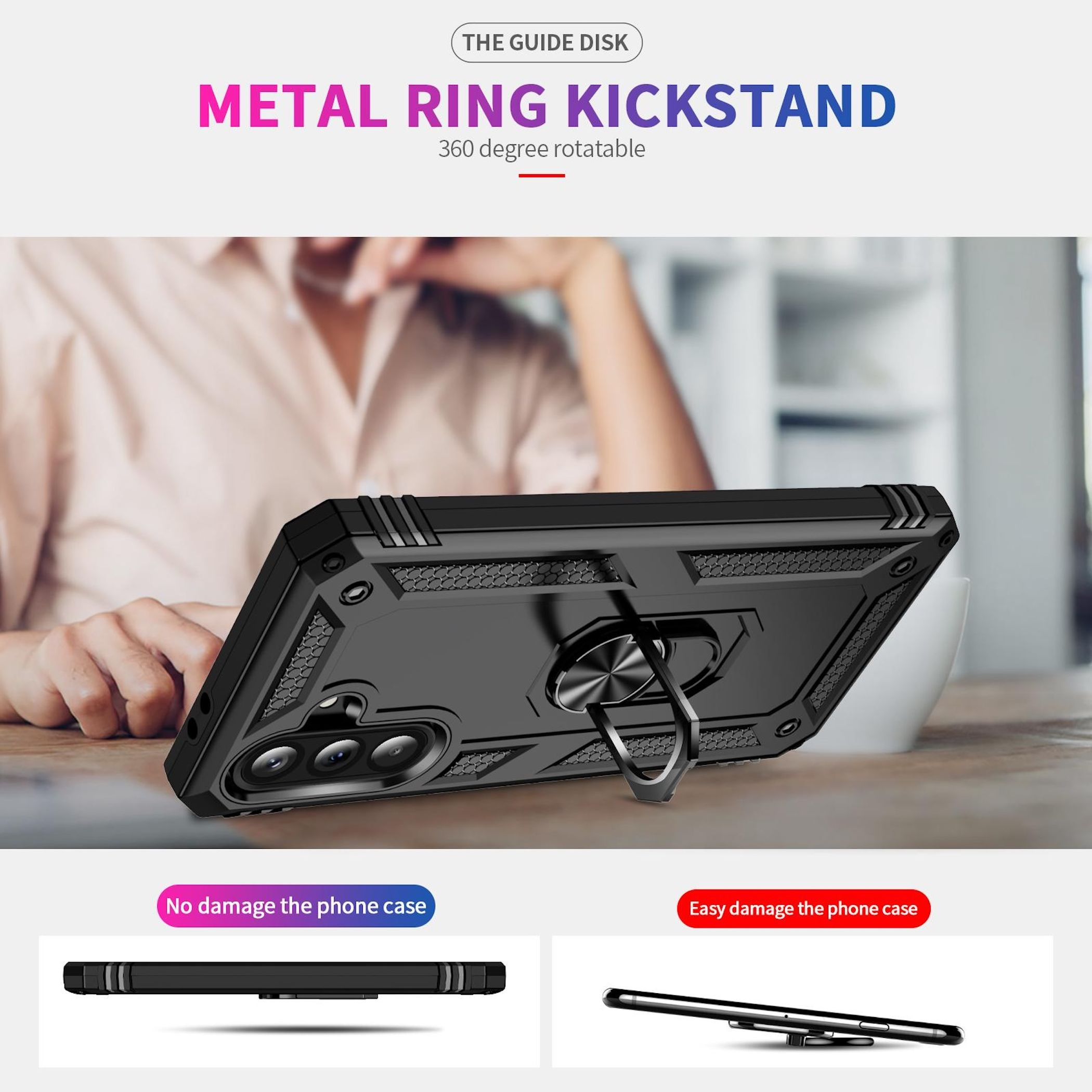 Schwarzes Handy-Case mit Metallring-Ständer, 360° drehbar, auf Tisch.