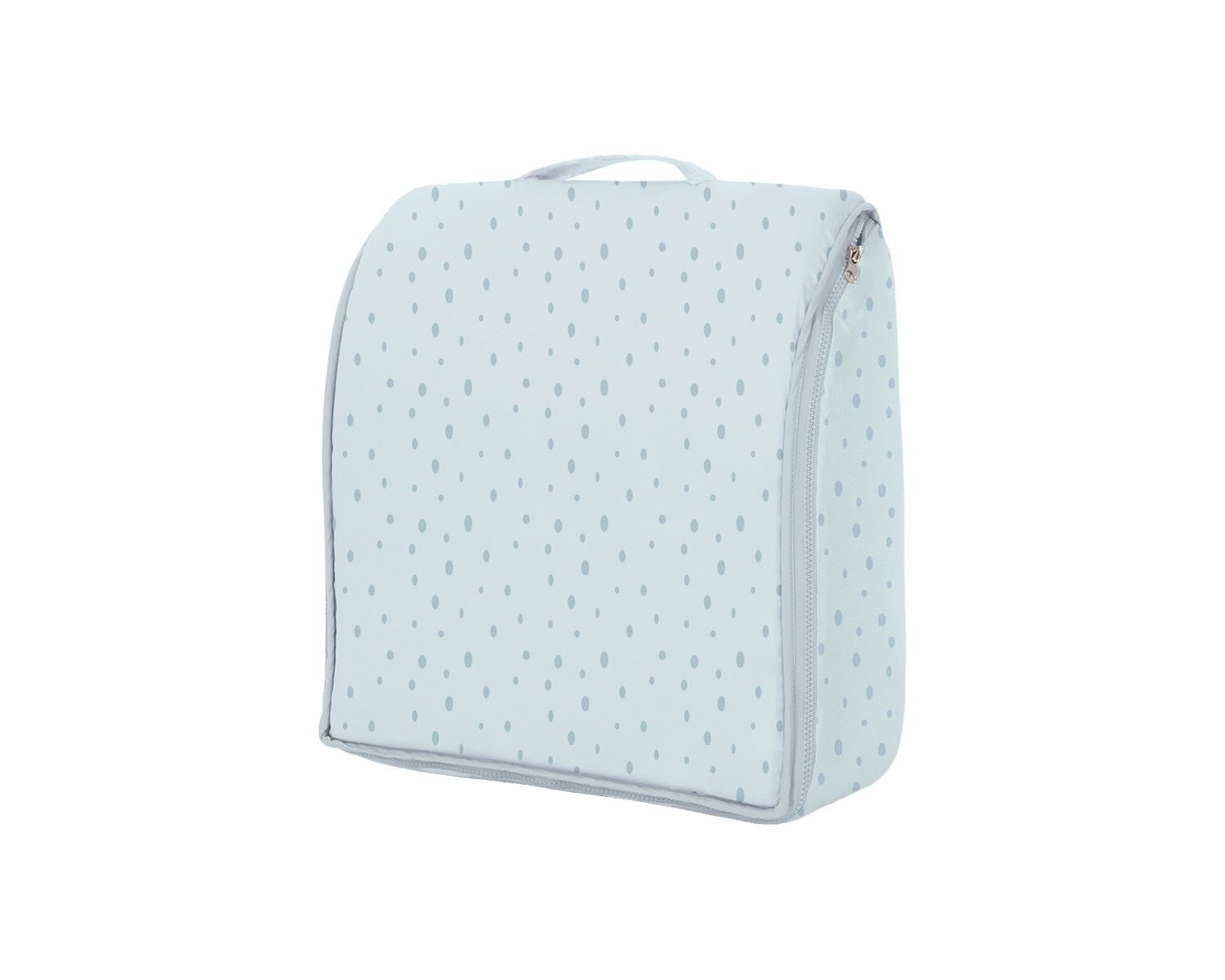 Hellblaue Kulturtasche mit hellblauen Punkten und Reißverschluss.