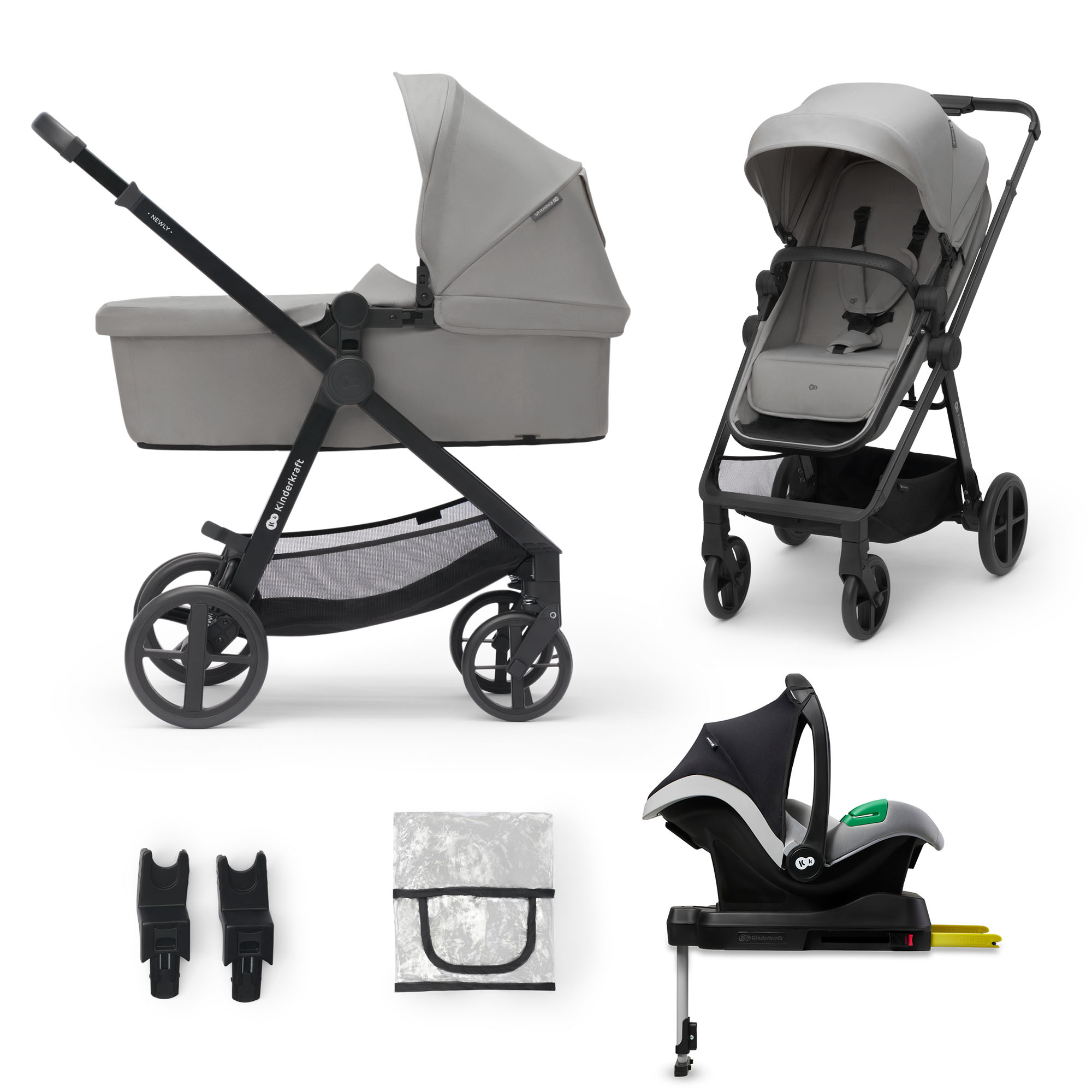 Graue Babytrage, Kinderwagen und Zubehör auf weißem Hintergrund.