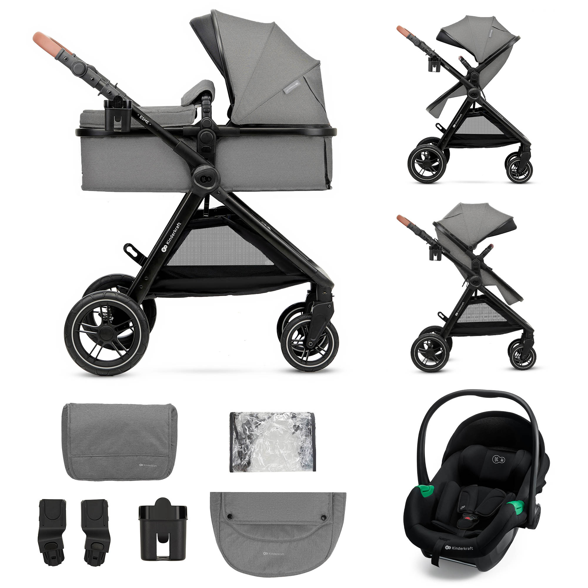 Grauer Kinderwagen mit Zubehör: Autositz, Fußsack, Regenverdeck, Adapter, Becherhalter.