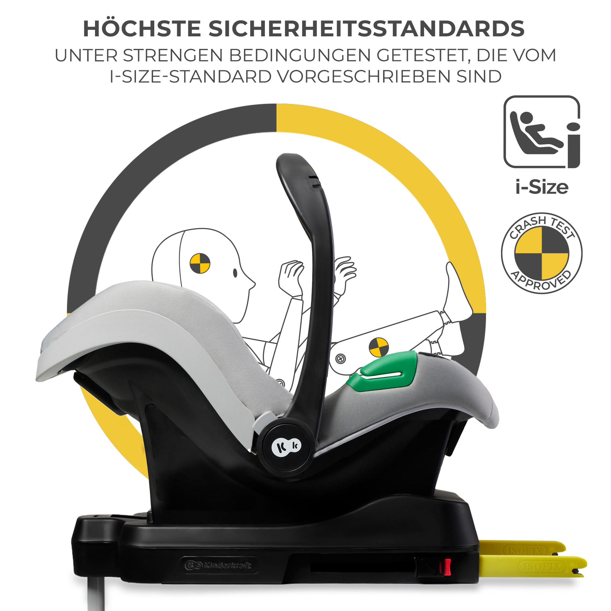 Ein Kindersitz mit i-Size-Zertifizierung und Crashtest-Siegel.