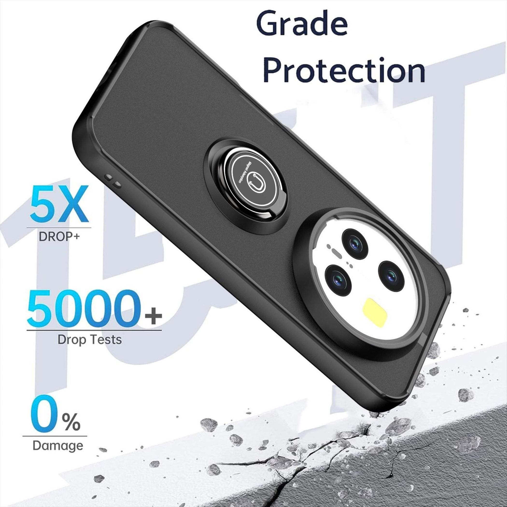 Funda negra para teléfono con anillo magnético, protección contra caídas 5x, 5000+ pruebas.