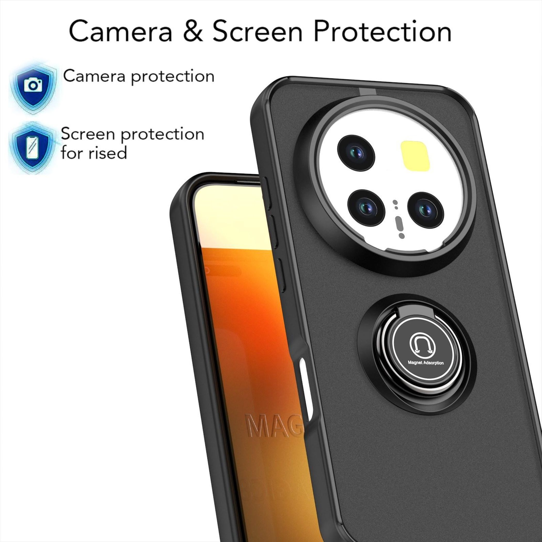 Funda de teléfono negra con protección de cámara y soporte de anillo en pantalla naranja.