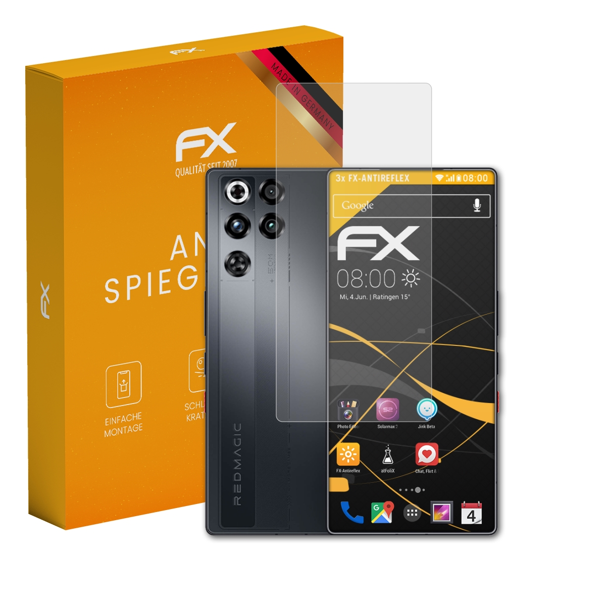 Eine rote Box neben einem Smartphone mit Displayschutzfolie. "Made in Germany" ist auf der Box.