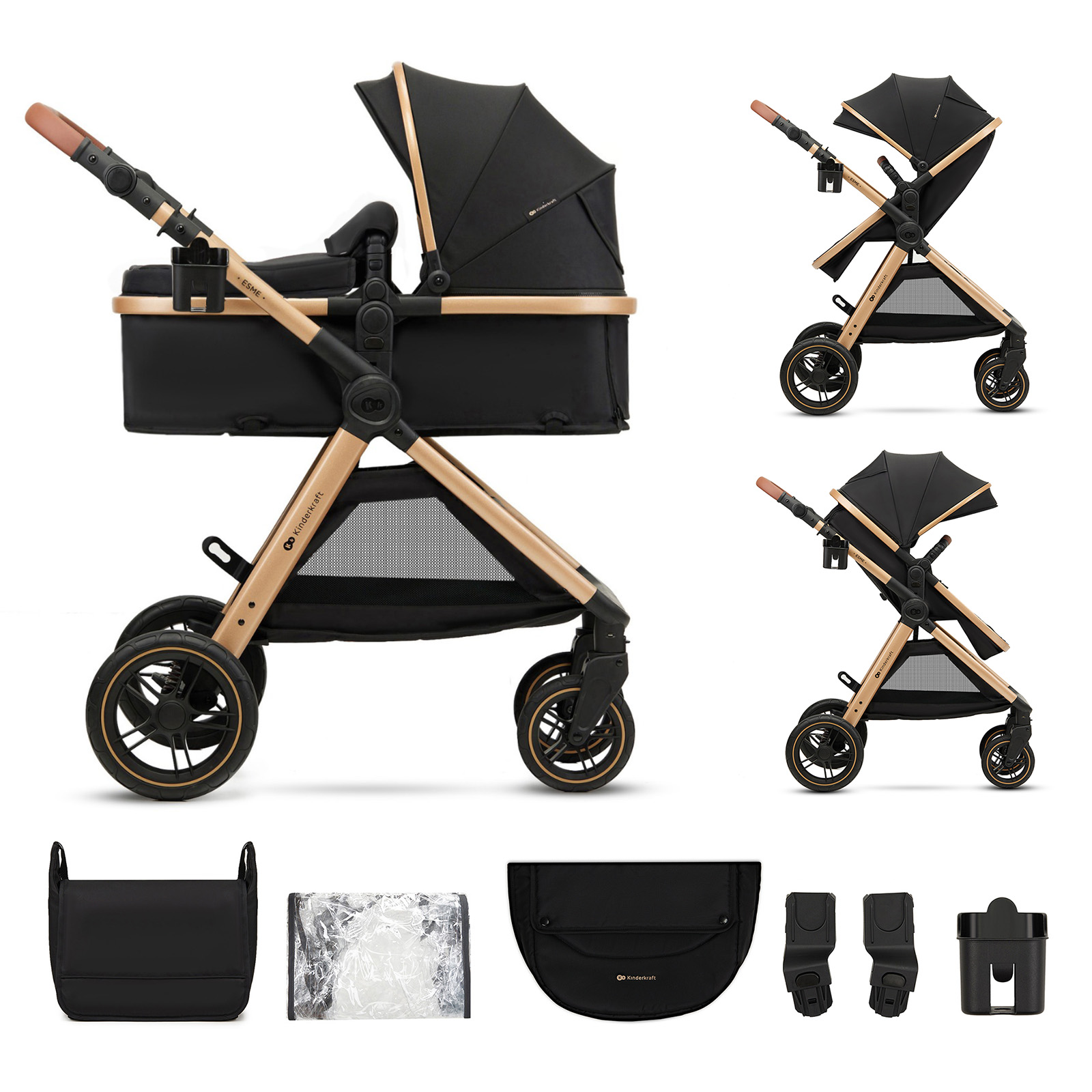 Ein schwarzer Kinderwagen mit goldenen Akzenten und Zubehör.