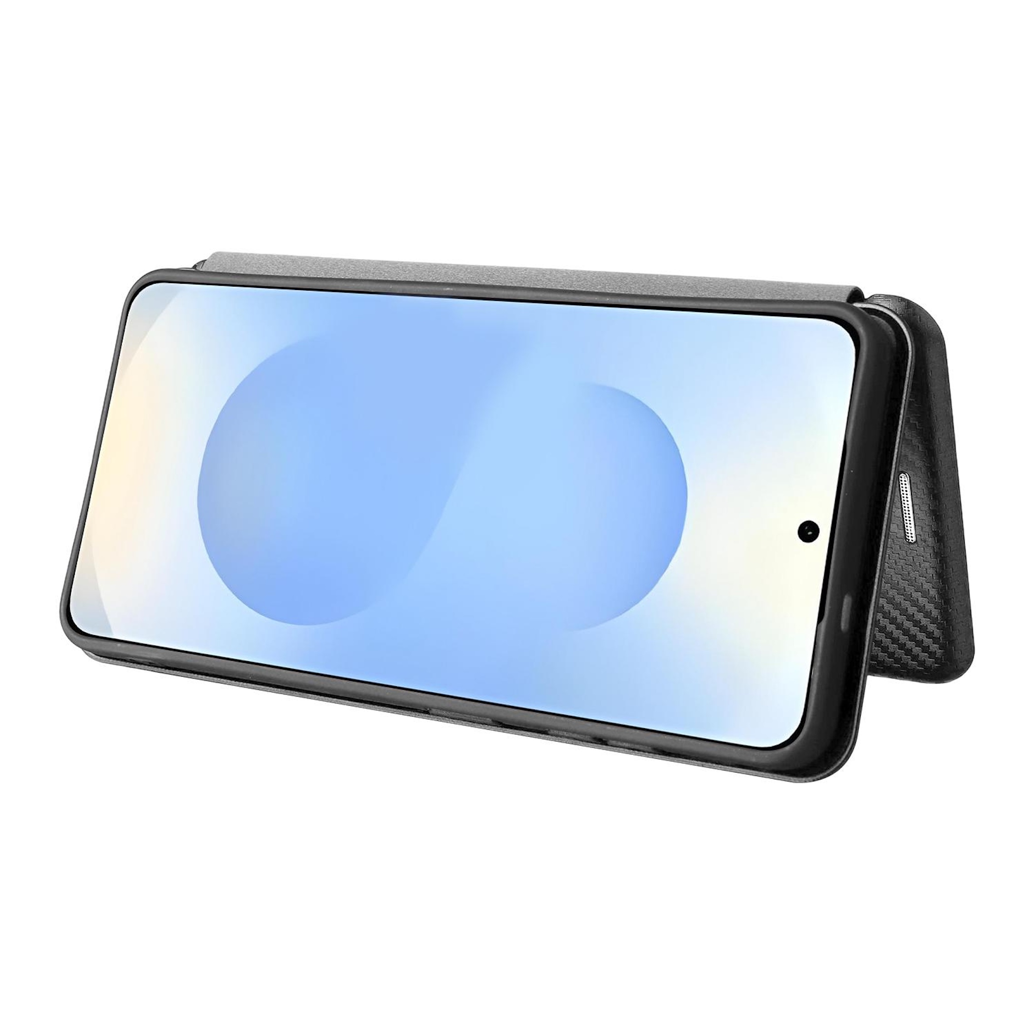 Un smartphone en una funda gris, mostrando un fondo azul y amarillo.