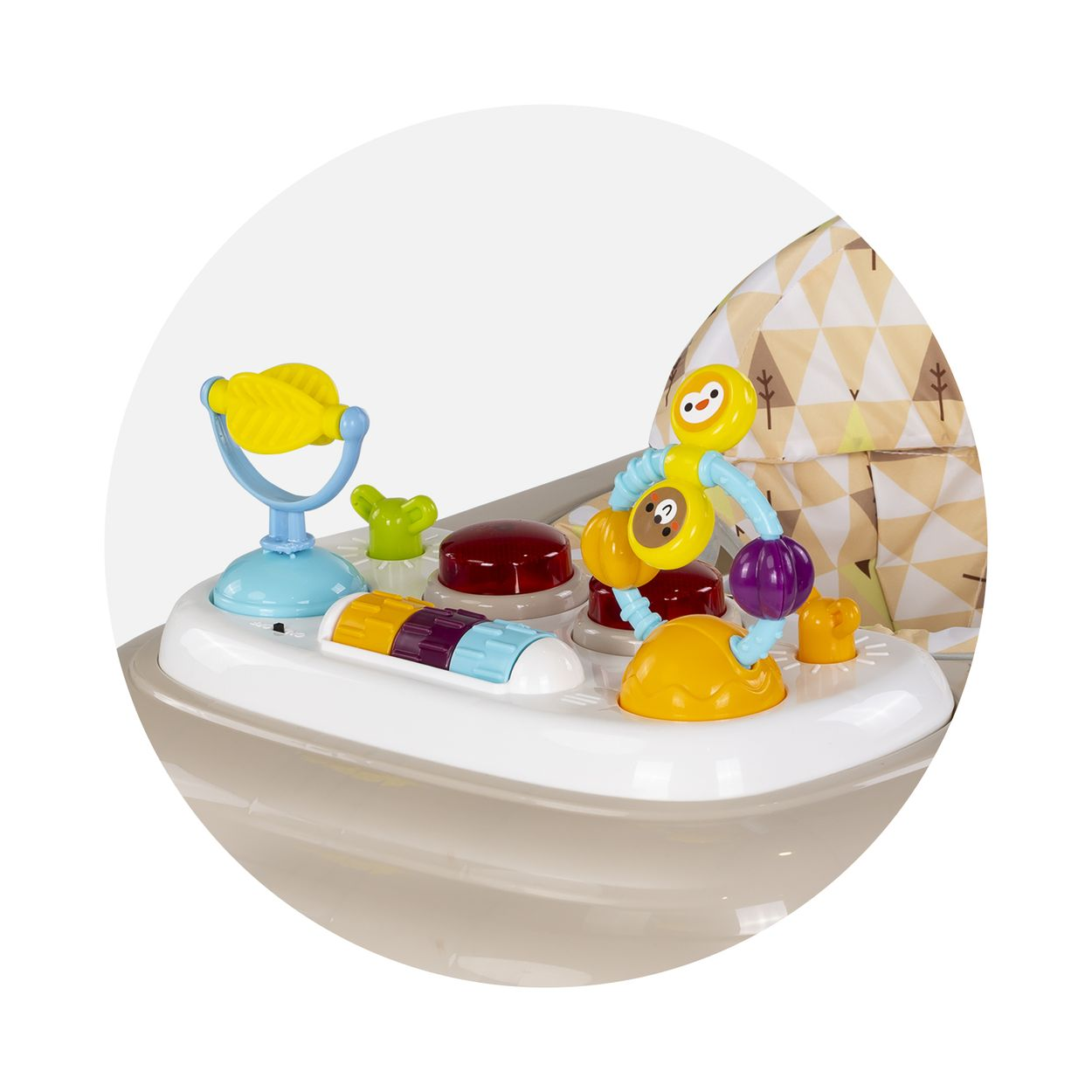 Ein Baby-Laufstall mit bunten Spielzeugen, Knöpfen und Lichtern.