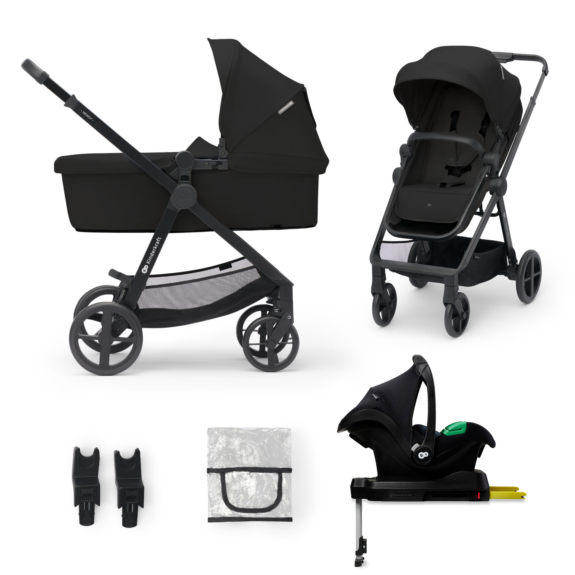 Kinderwagen mit Babywanne, Sitz, Autositz, Basis und Zubehör auf weißem Hintergrund.