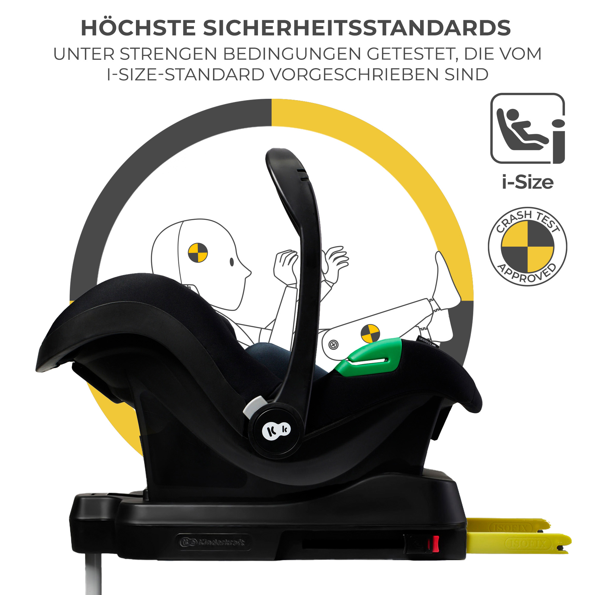 Schwarze Babyschale mit i-Size und Crashtest-Siegel. Illustration eines Dummys.