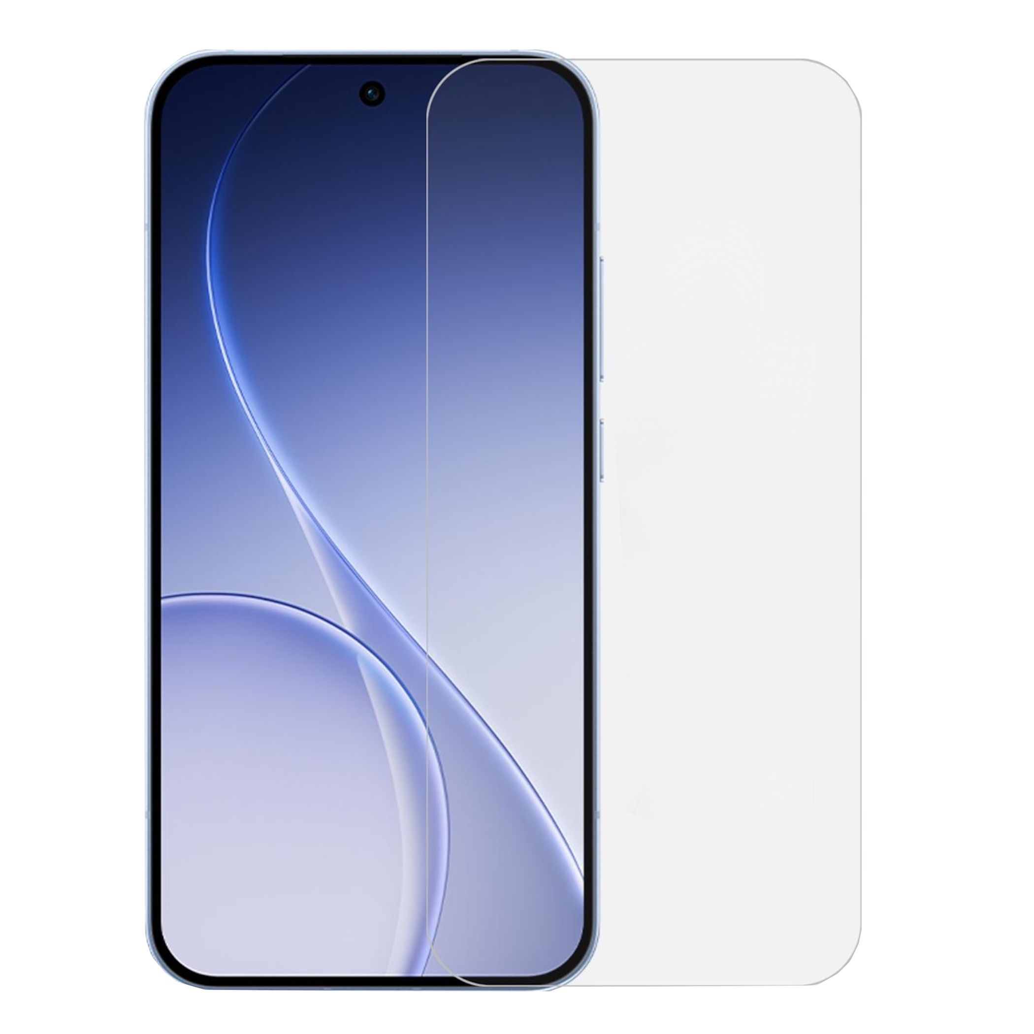 Uno smartphone con proteggi schermo in vetro che mostra uno sfondo blu.
