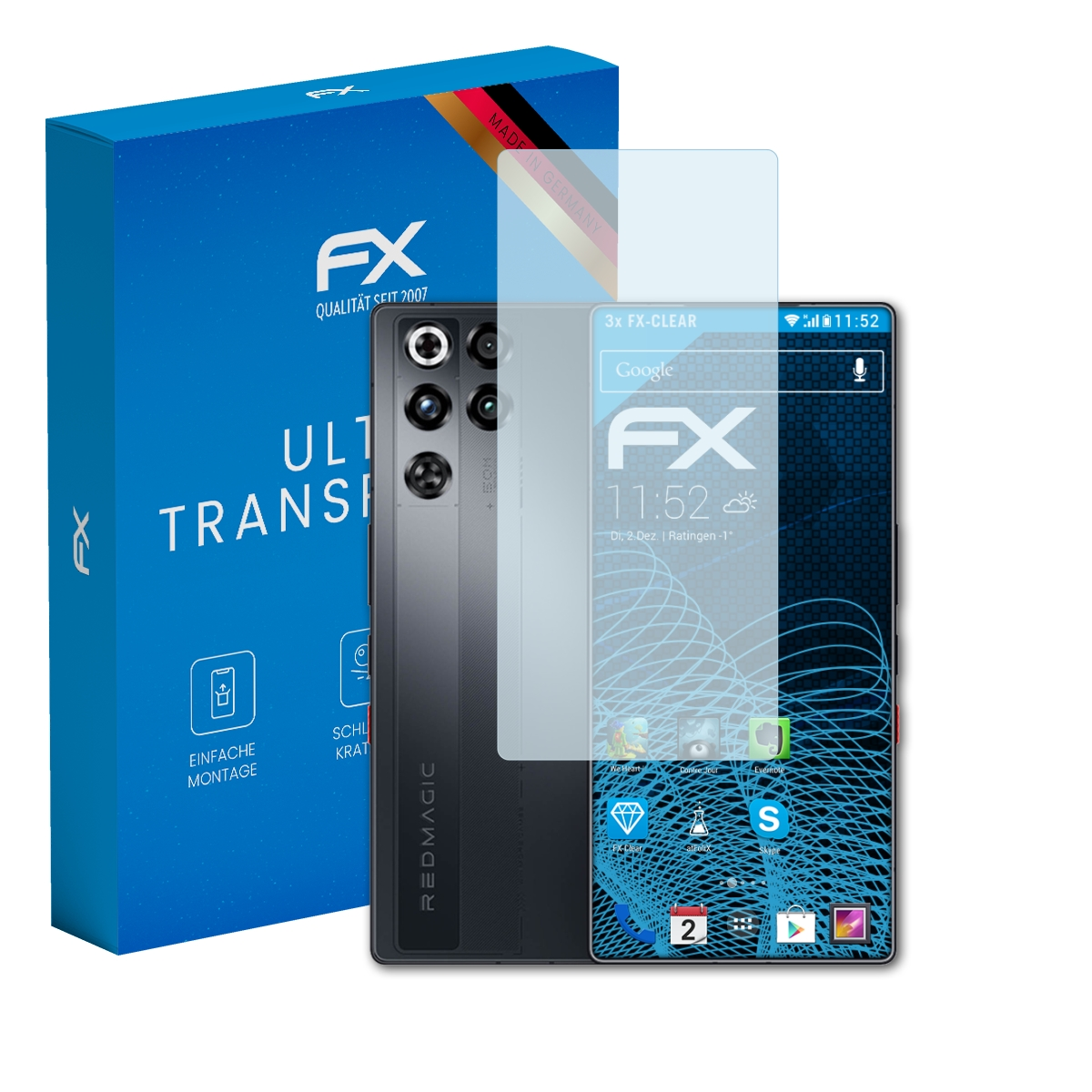 Ein Smartphone mit Displayschutzfolie und Verpackung. Made in Germany.