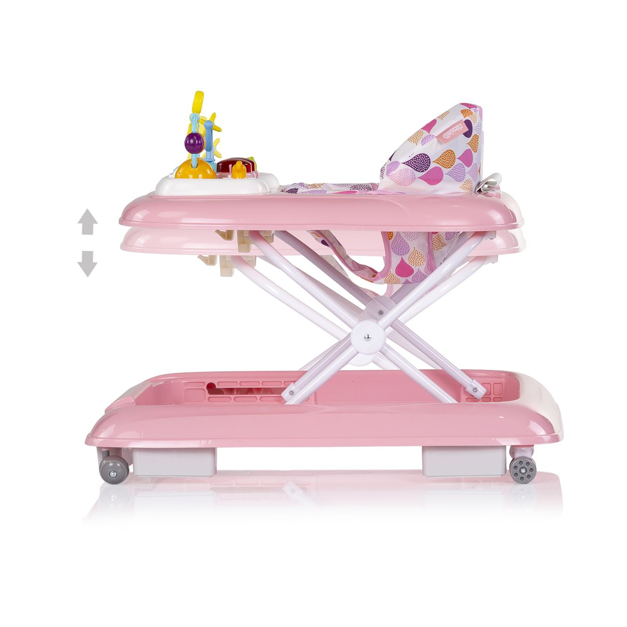 Ein rosa Baby-Gehfrei mit Spielzeug und bunten Mustern. Weißer Rahmen.
