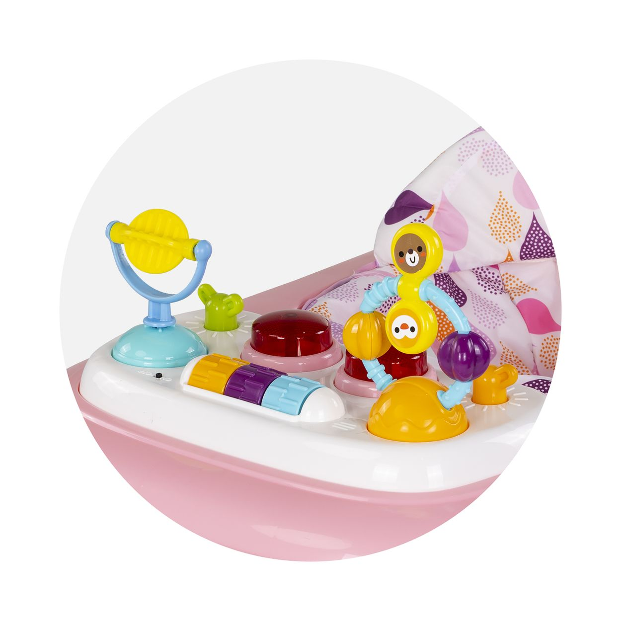 Ein rosa Lauflernwagen mit bunten Spielzeug-Elementen wie Rädern, Knöpfen und einer Spielfigur.