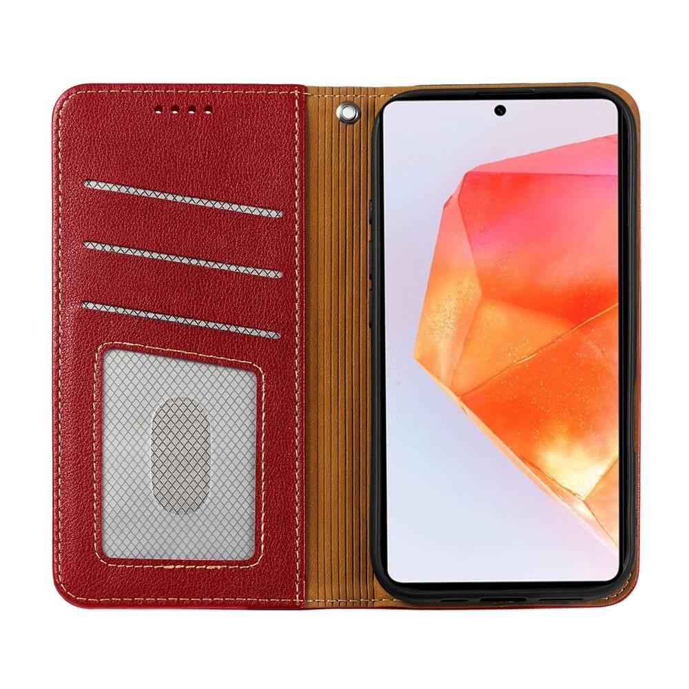 Étui portefeuille en cuir rouge avec fentes pour cartes et un smartphone à écran orange.