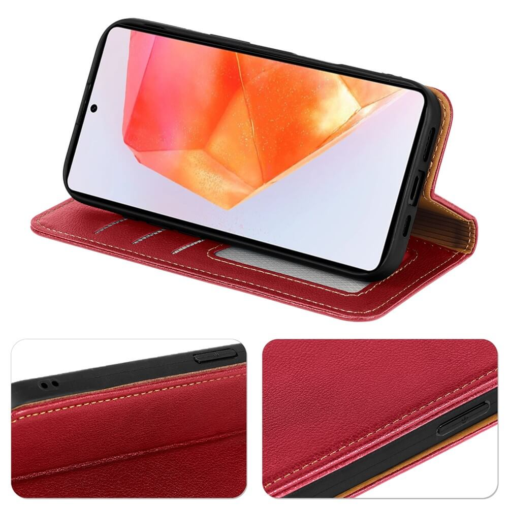 Étui de téléphone rouge style portefeuille avec téléphone, gros plans des coutures.
