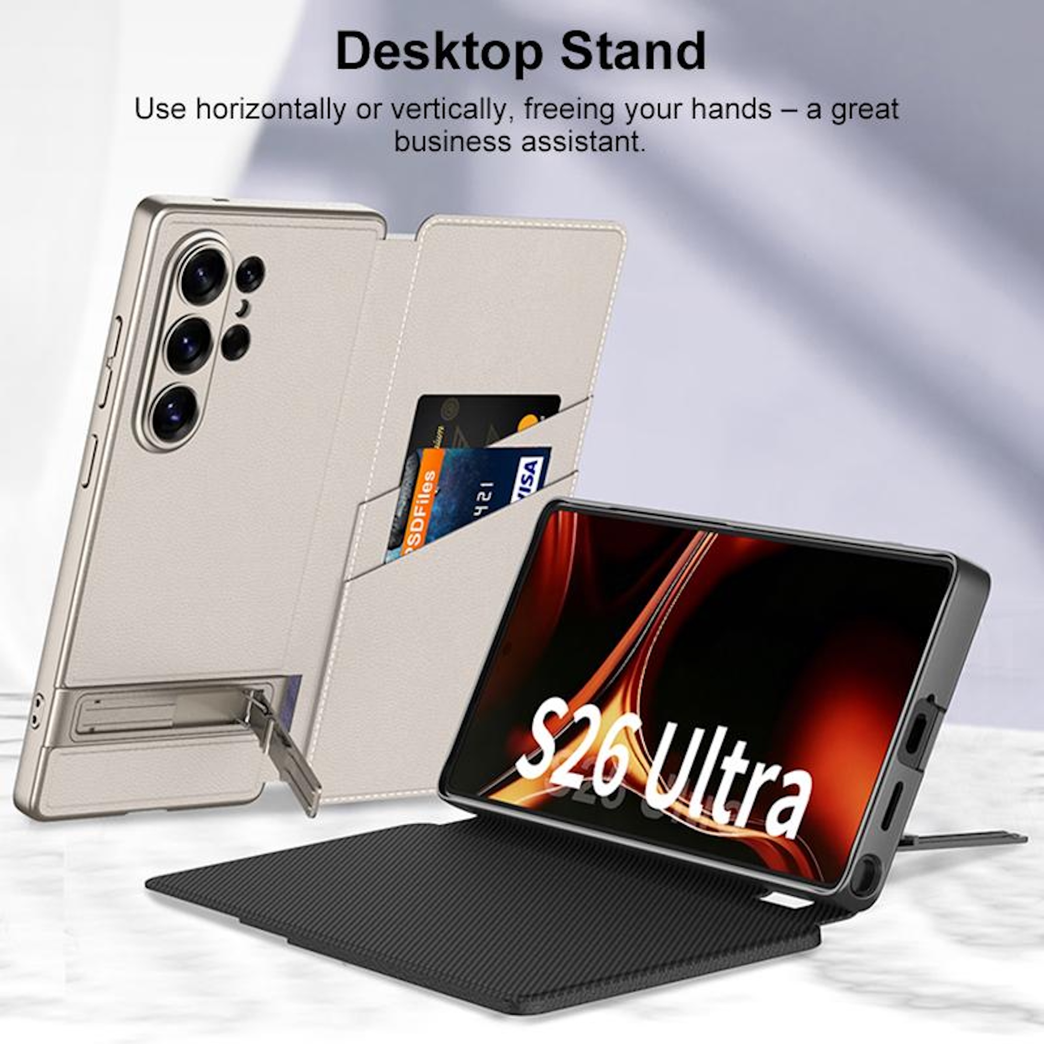 Ein silbernes Smartphone mit Ständer und Kartenfächern, das auf einem schwarzen Untergrund steht.