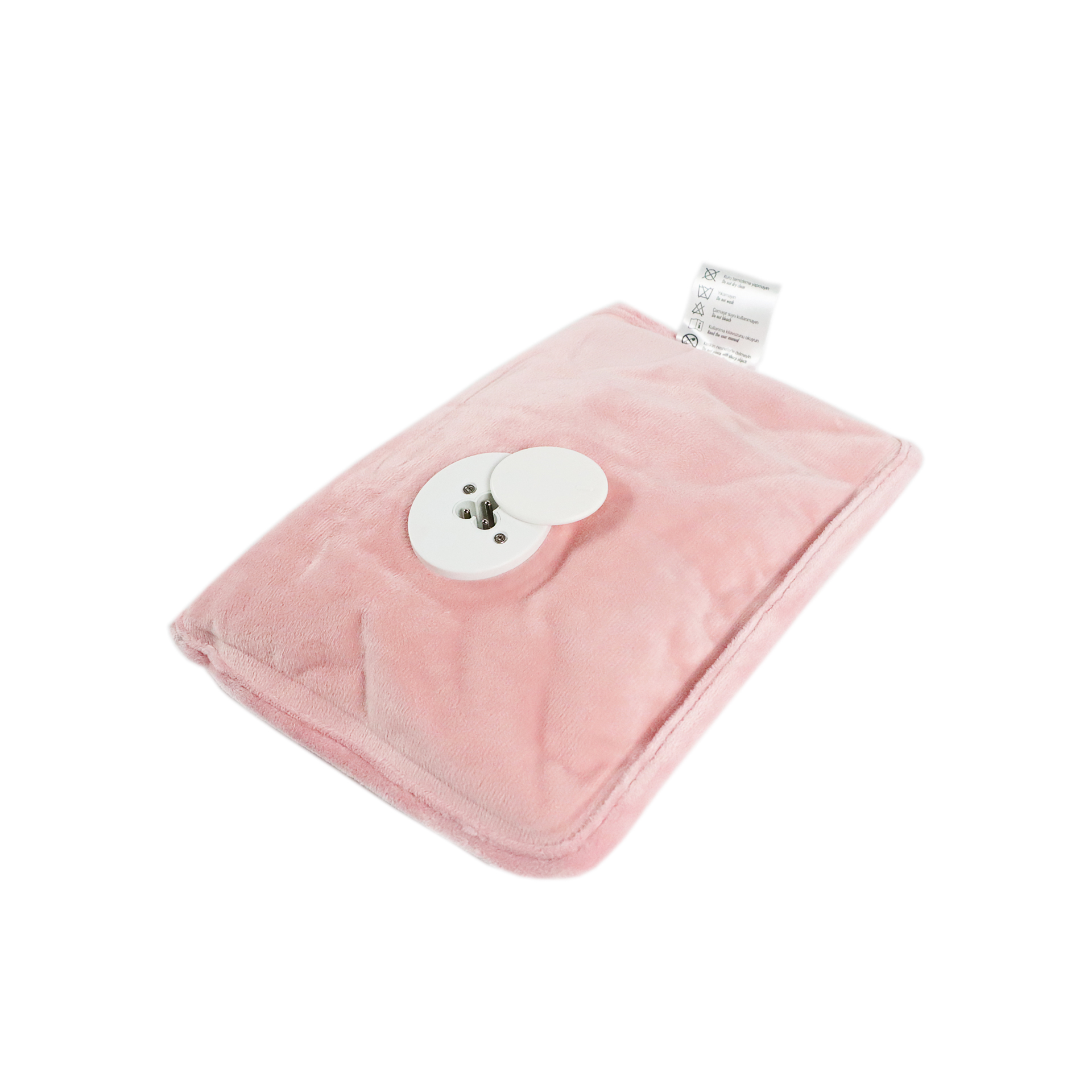 Beyaz şarj portlu pembe peluş sıcak su torbası.