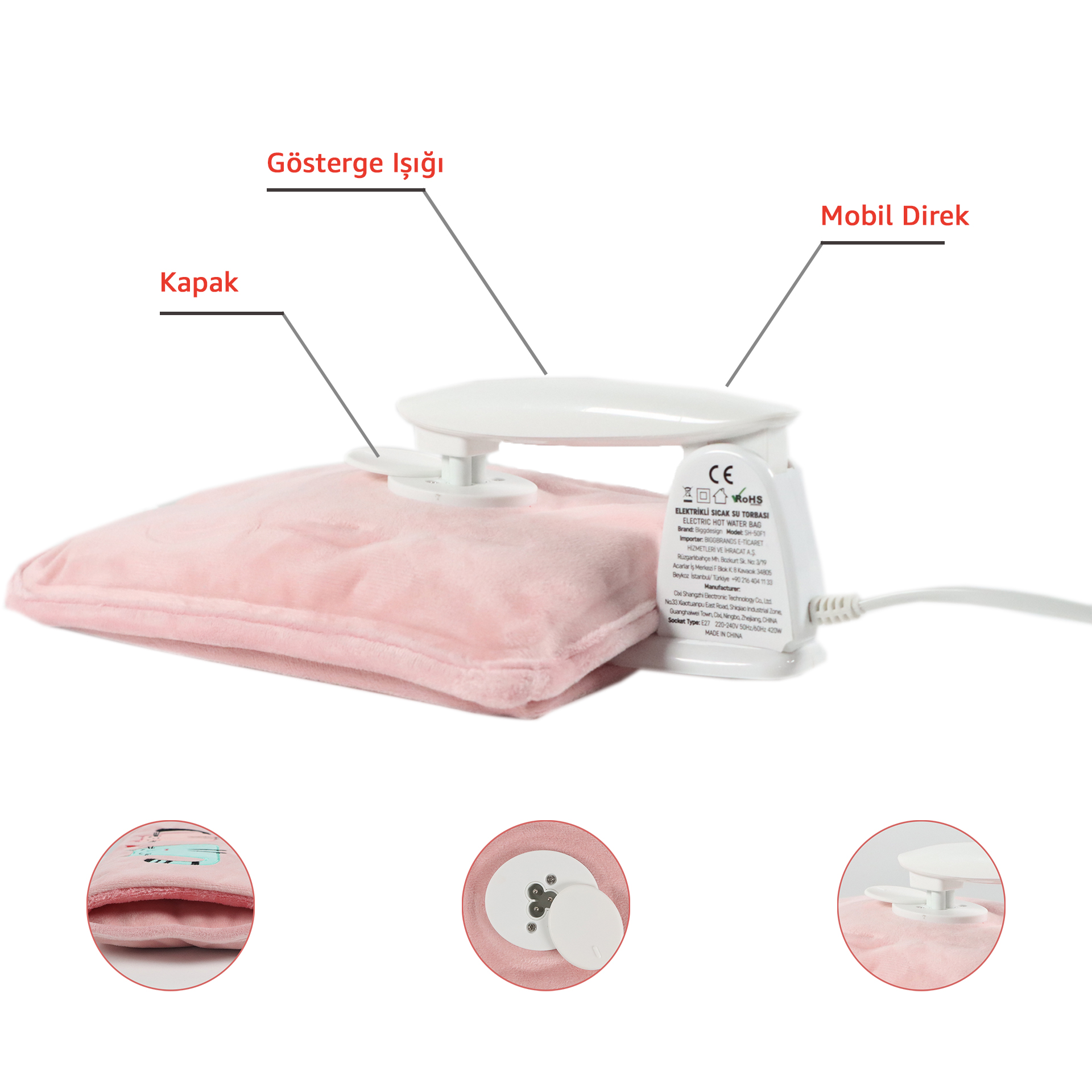 Beyaz saplı ve CE işaretli pembe peluş sıcak su torbası.