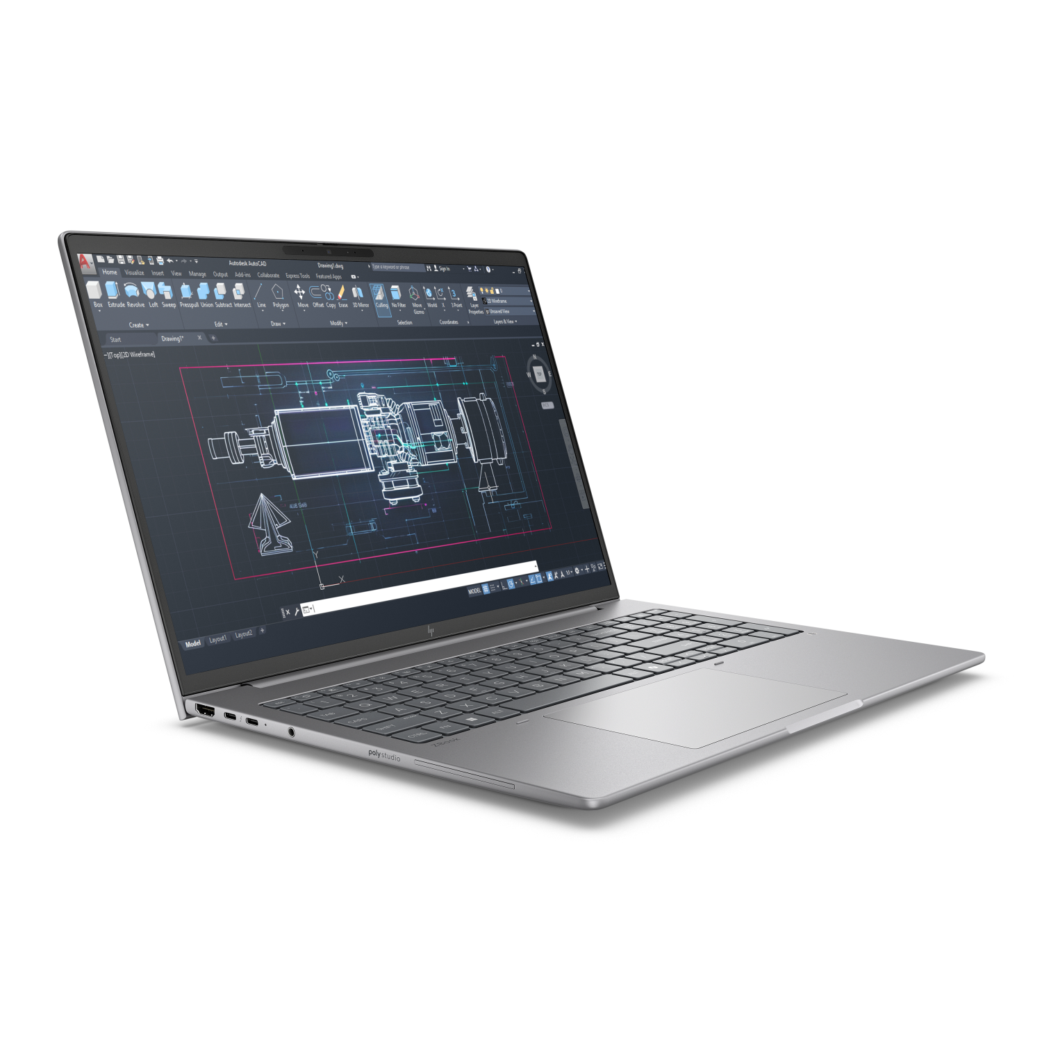 Otwarty laptop wyświetla techniczny projekt rysunkowy na ekranie.